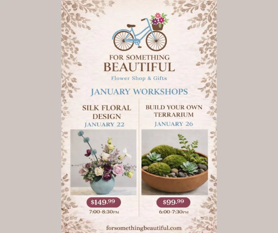 🌸🌼Calling all flower lovers! 🌷🪻
@forsomethingbeautiful is hosting workshops for all flower enthusiasts.  Two workshops are offered in January, the Silk Floral Design Workshop is this Thursday, January 22, 7 &ndash; 8:30PM and the Build Your Own T