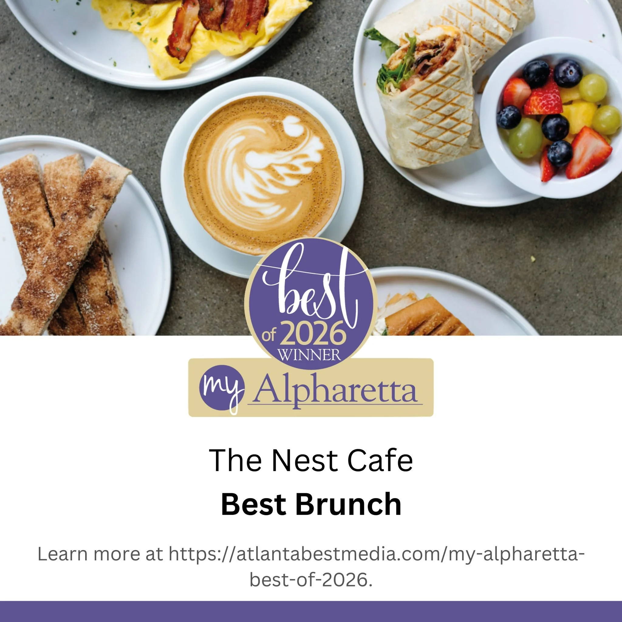 🎉Congratulations to @thenestcafe on being voted "Best Brunch" in Alpharetta for 2026 by My Alpharetta &ndash; Atlanta Best Media! We love having the &ldquo;Best&rdquo; spot for breakfast, brunch and lunch here at Crabapple Market along wit