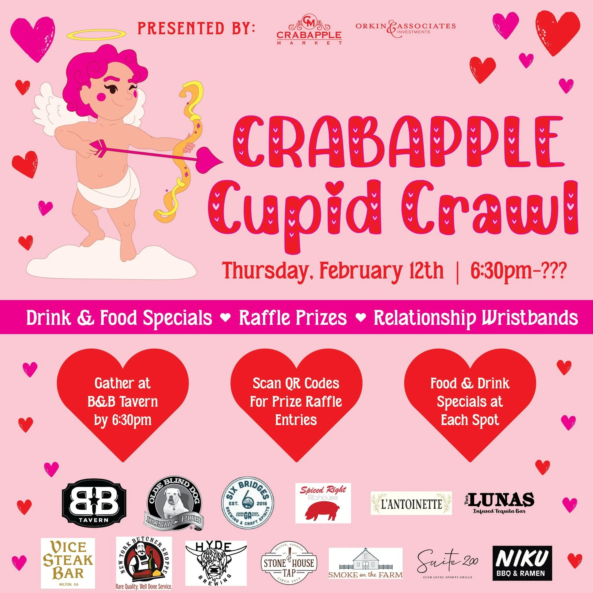 💖It&rsquo;s the first ever Crabapple Cupid Crawl, Thursday, February 12th! Grab your special someone or your &ldquo;crew&rdquo; and make plans to &ldquo;Crawl&rdquo; around downtown Milton starting at @bandbtaverncrabapple at 6:30PM. . With restaura