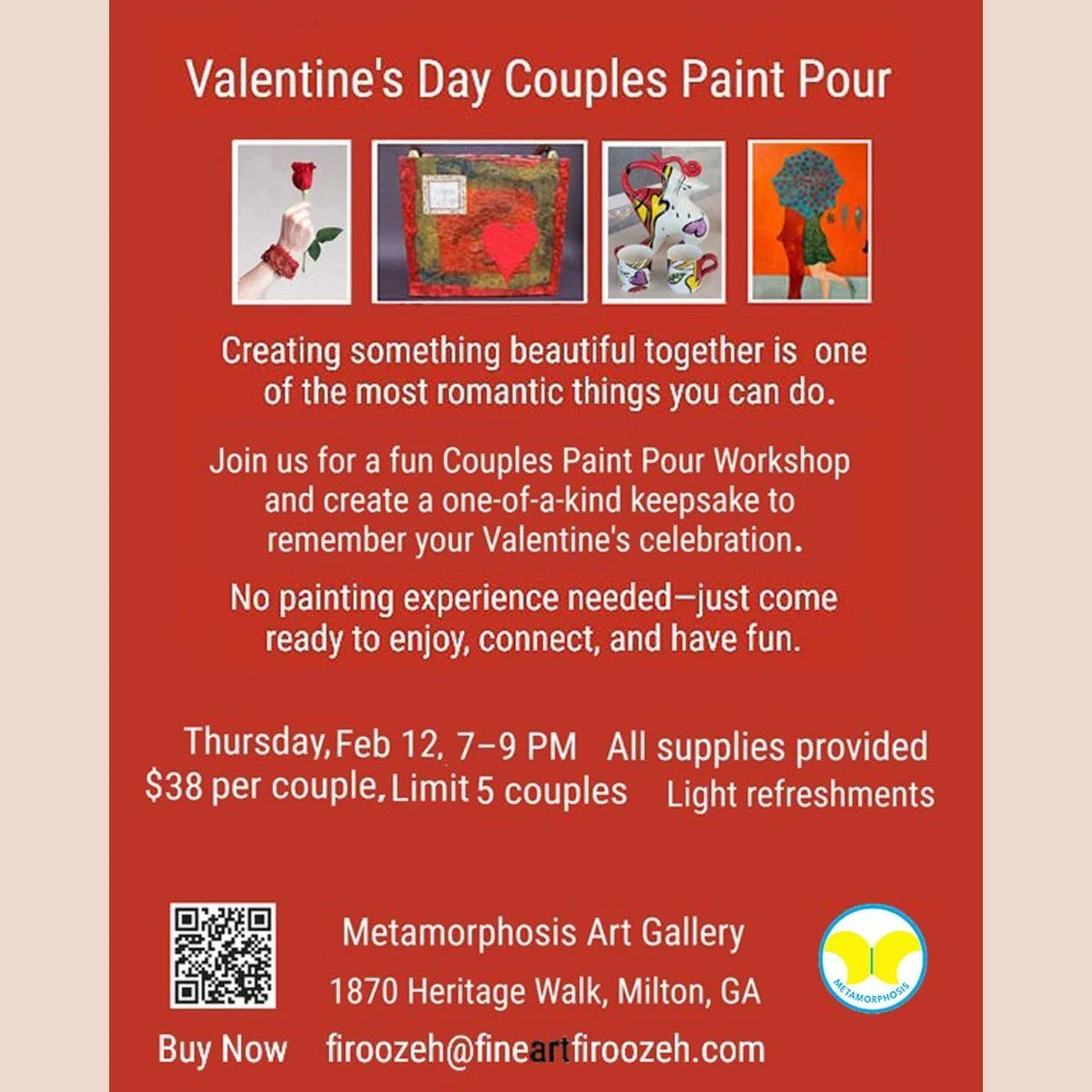 ❤️Celebrate LOVE at the Paint Pour Workshop for couples at @metamorphosisartgallery! 
As a special Valentine&rsquo;s treat, couples are invited to sign up in advance for the Couples Paint Pour Workshop&mdash;a fun, relaxed experience designed to help