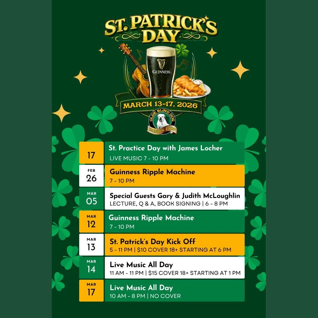 🍀St. Patrick's Day shenanigans are coming your way at @oldeblinddog Irish Pub! Enjoy LIVE MUSIC tonight, Tuesday, February 17th for St. Practice day, brought to you by fan favorite, @james_locher  from 7 - 10PM. 
See below what's on the calendar lea