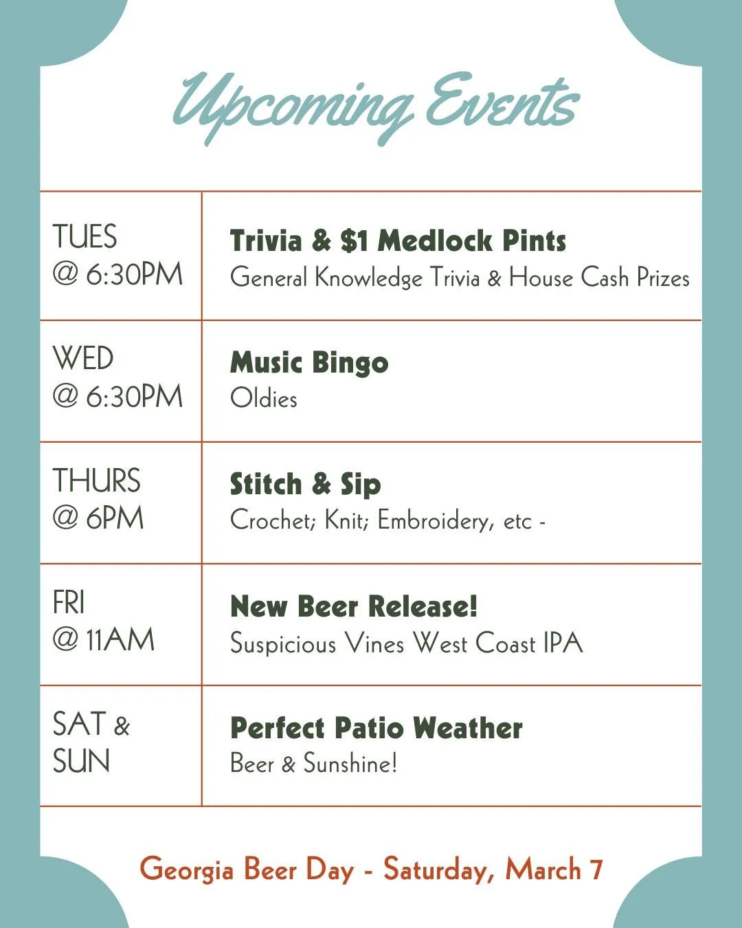 It&rsquo;s a FUN week coming your way from @sixbridgescrabapple! Trivia, Music Bingo, Stitch &amp; Sip and a NEW BEER Release make Six Bridges Crabapple the place to be.  Get ready to CELEBRATE Georgia Beer Day at your favorite brewery on Saturday, M