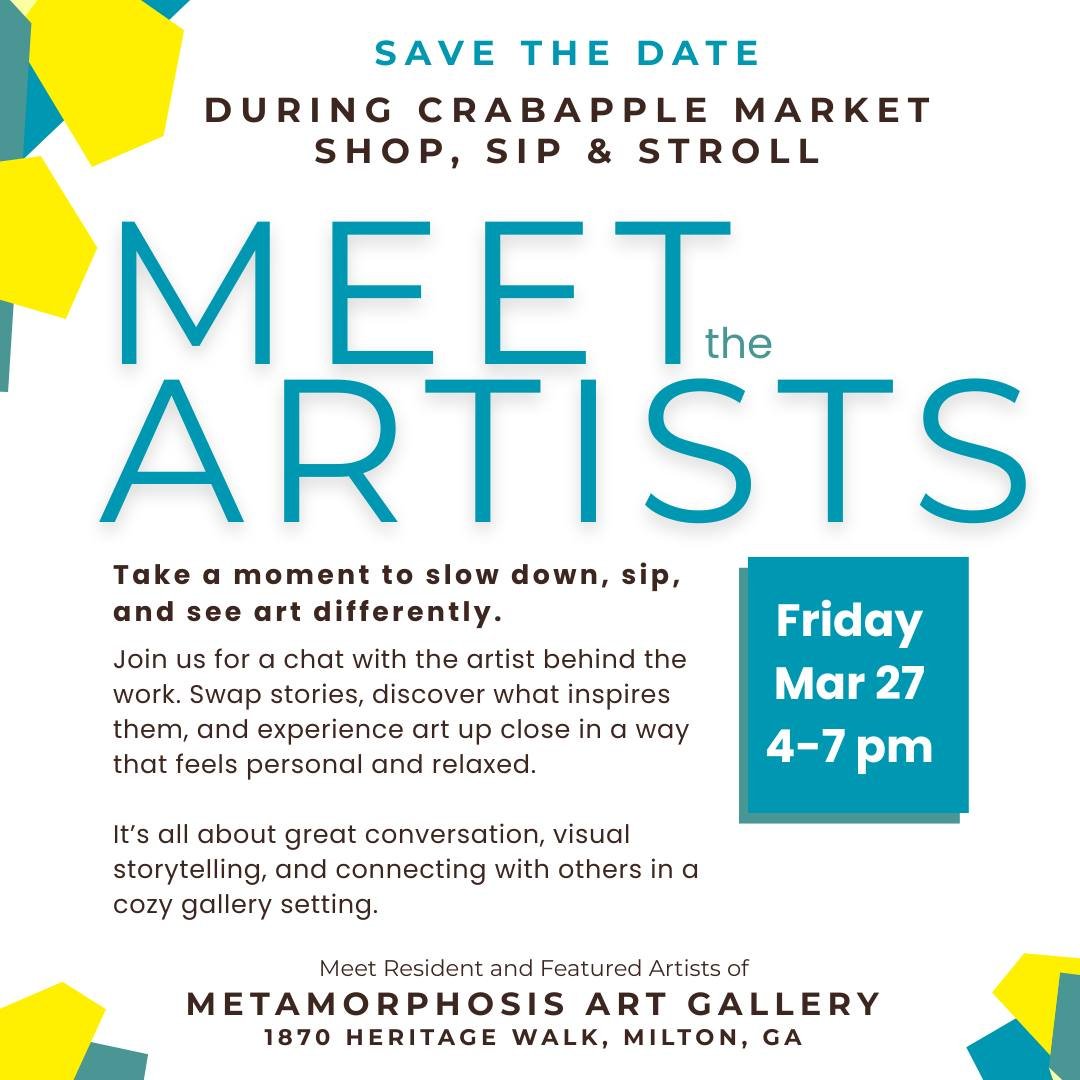 Have you visited @metamorphosisartgallery located here at Crabapple Market? You are invited to &ldquo;Meet the Artists&rdquo; on Friday, March 27th during Shop, Sip &amp; Stroll from 4 -7pm. Take a moment to slow down, enjoy creative art displays and