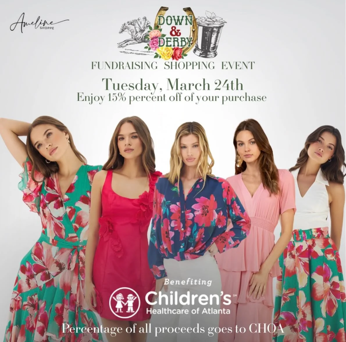 Shop for a cause! Join @amelineshoppe Tuesday, March 24th, for an exclusive all day fundraising shopping event. The 4th Annual "Down and Derby" @friendsofchoa_milton event benefitting @childrensatl will be held right here in Crabapple Marke