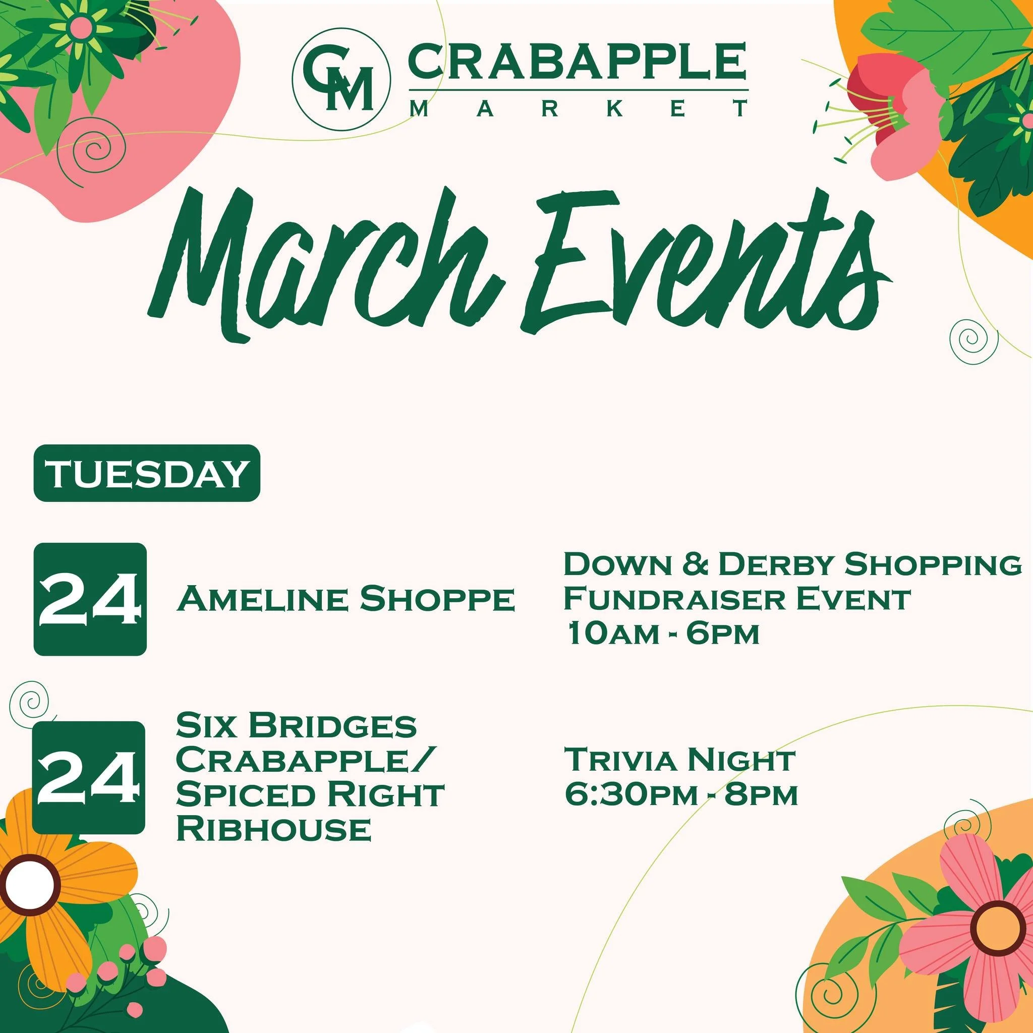 🌷🌺🌼Hello Spring! Event season is here and there is something for everyone this week at Crabapple Market! The first Shop, Sip &amp; Stroll on The Green is Friday, 4 - 7PM and don't forget to reserve your spot for the FREE Horsepower Fitness Communi