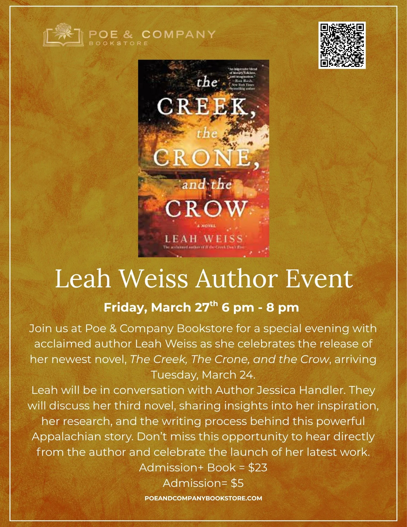 ICYMI &ndash; Friday, March 27th join @poeandcompanybookstorellc for a special evening with authors Leah Weiss and Jessica Handler and celebrate the release of her latest novel, The Creek, &ldquo;The Crone and the Crow&rdquo; Come hear Leah discuss h