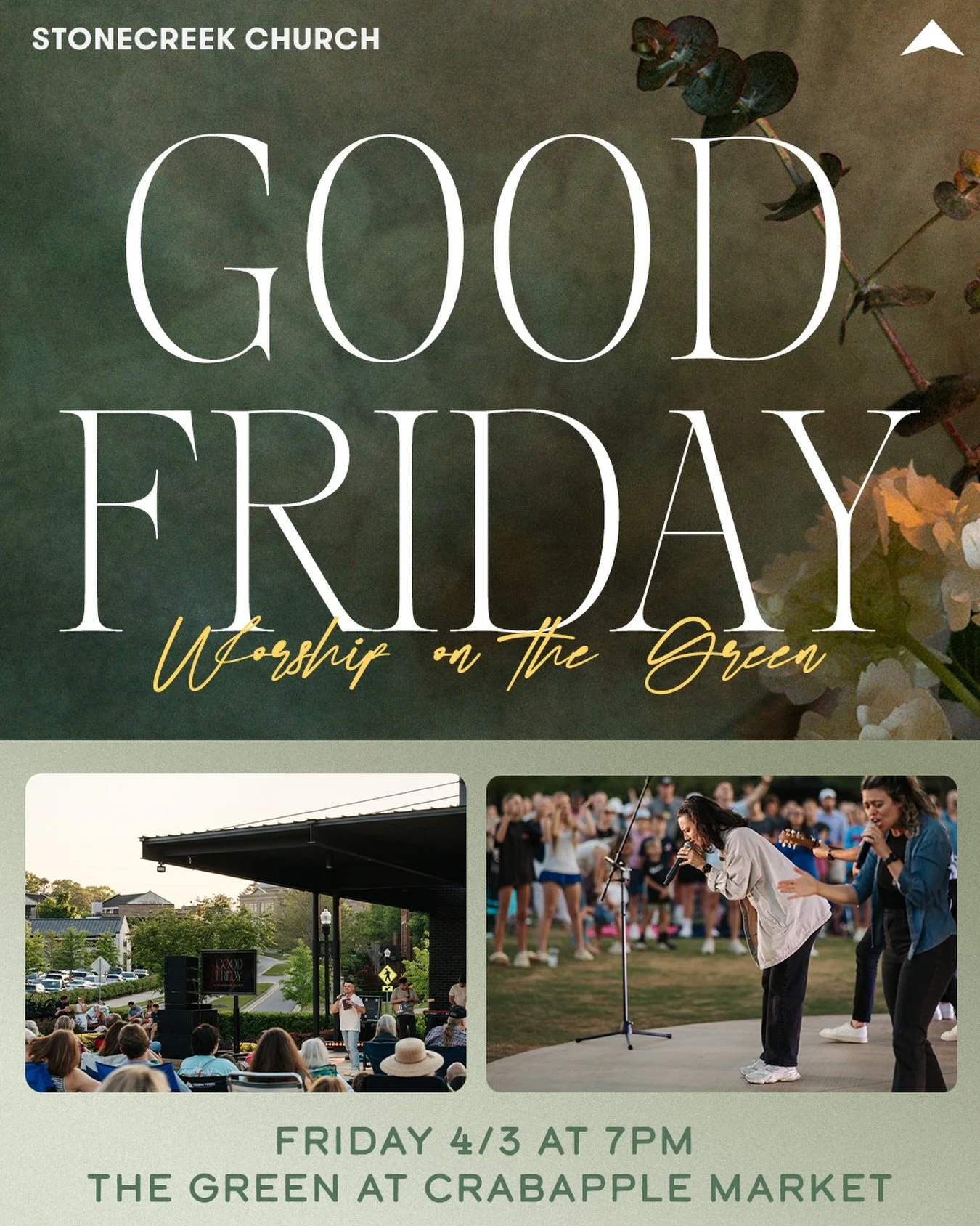 Join Stonecreek Church for a Good Friday service on The Green. Come together with the community to worship and reflect on the true meaning of Easter on Friday, April 3rd @7PM. Bring a chair or a blanket adn settle in for a meaningful evening. 

#Good