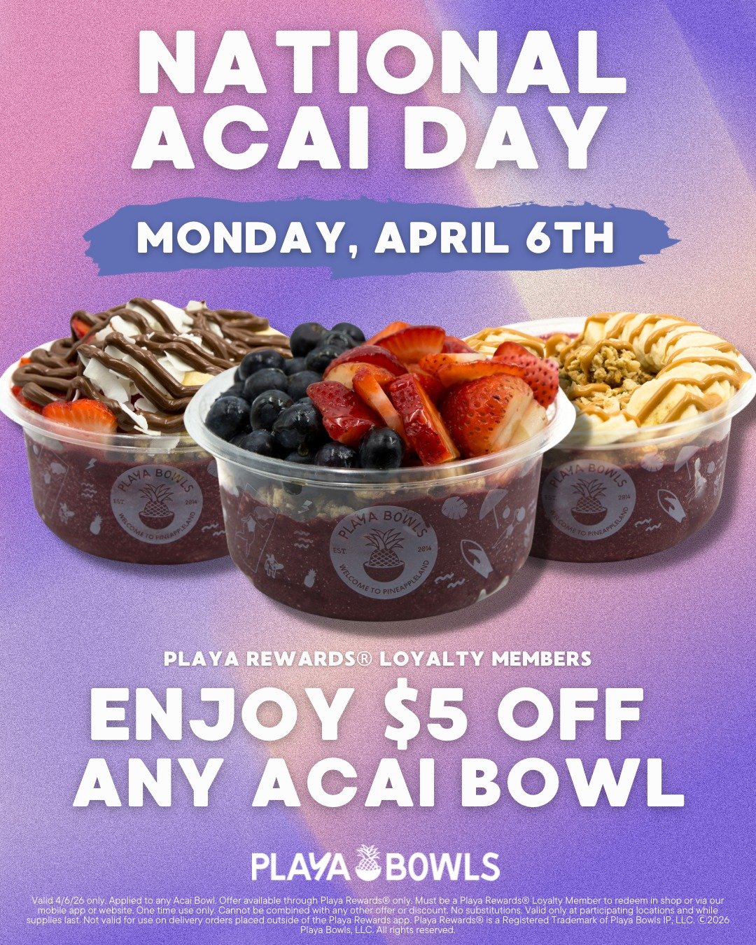 Happy National A&ccedil;a&iacute; Day! Celebrate at @playabowlscrabapple and get $5 OFF ANY acai bowl if you are a Playa Rewards member.  This offer is available online with the app/website and in-store only on April 6th. YUM!

#nationala&ccedil;a&ia