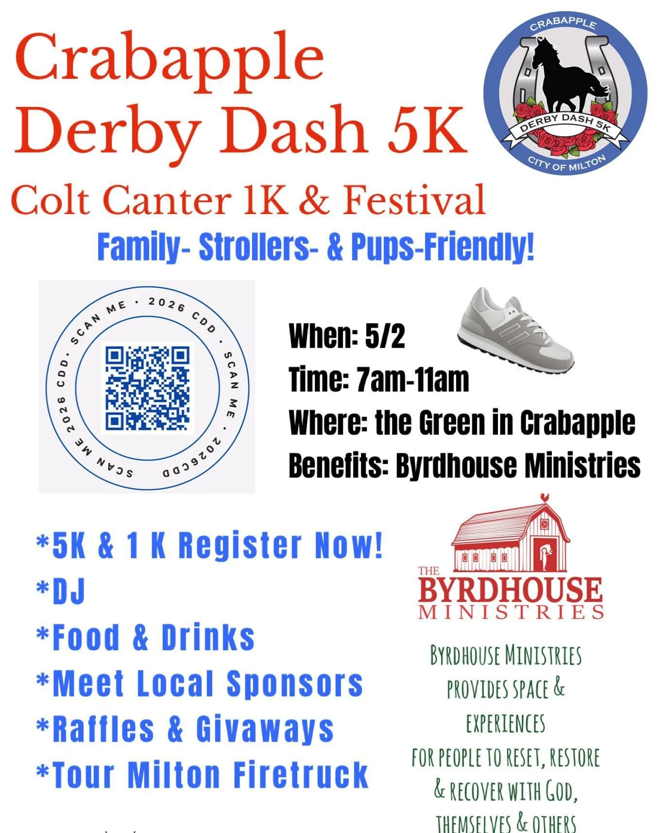 Love running? It's time to register for the 5th Annual @crabapplederbydash  benefitting @thebyrdhouseministries of Milton, GA. This fun, family race and festival will have you walking, trotting, and galloping through local roads to bring awareness to