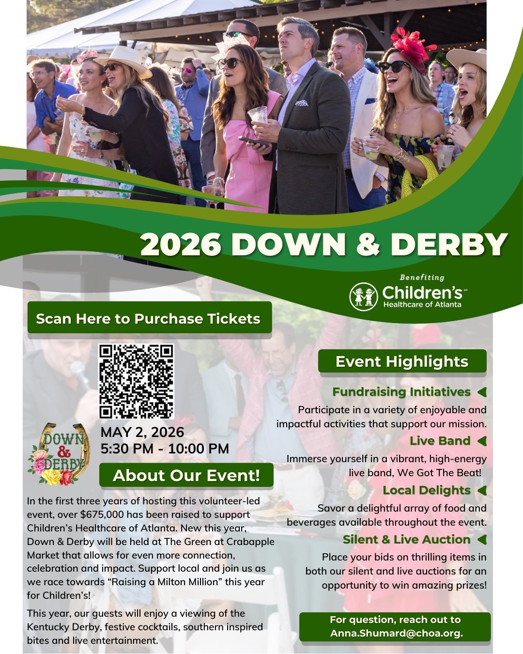 Crabapple Market is proud to host the 2026 Down &amp; Derby Event on The Green! It&rsquo;s not too late to get your ticket for this premier event benefiting CHOA. Support local and join with the @friendsofchoa_milton in &ldquo;Raising a Milton Millio