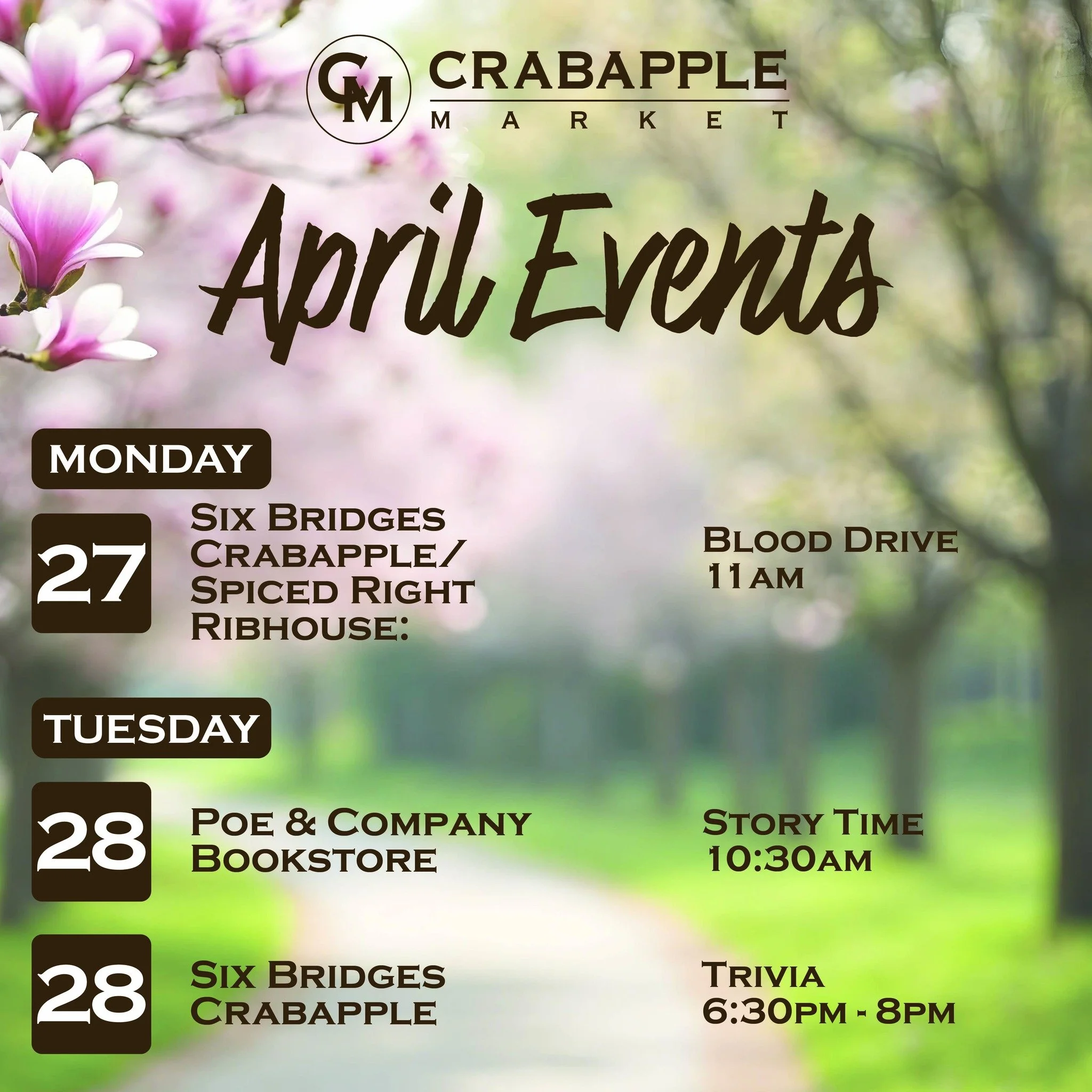It's the end of April and the beginning of May this week! Check out the line up on The Green and around Crabapple Market and make your plans accordingly. 
🐎Two BIG events on Saturday, May 2nd with the @crabapplederbydash  5K and the Down &amp; Derby