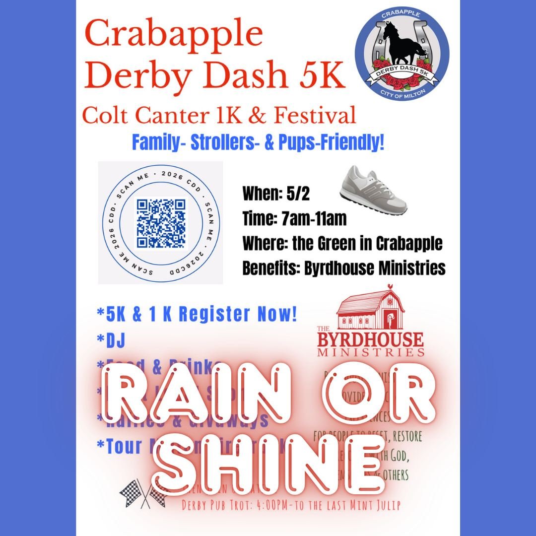 It's not too late to register to run in the Crabapple Derby Dash 5K &amp; Festival this Saturday! This event will be held RAIN 🌧️or SHINE🌞. Join the Milton community in supporting the local Byrdhouse Ministries.

#5Krun #CrabappleDerbyDash5K #TheGr