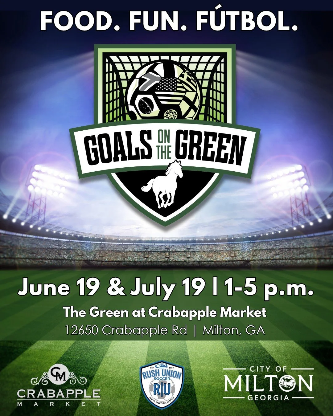 Soccer fans unite for Goals on The Green presented by The Reid Casey Team x The Rezerve on Friday 6/19 and Sunday 7/19!  Join Crabapple Market, The City of Milton and Rush Union Soccer for these family-friendly soccer fanfests on Friday 6/19 when the