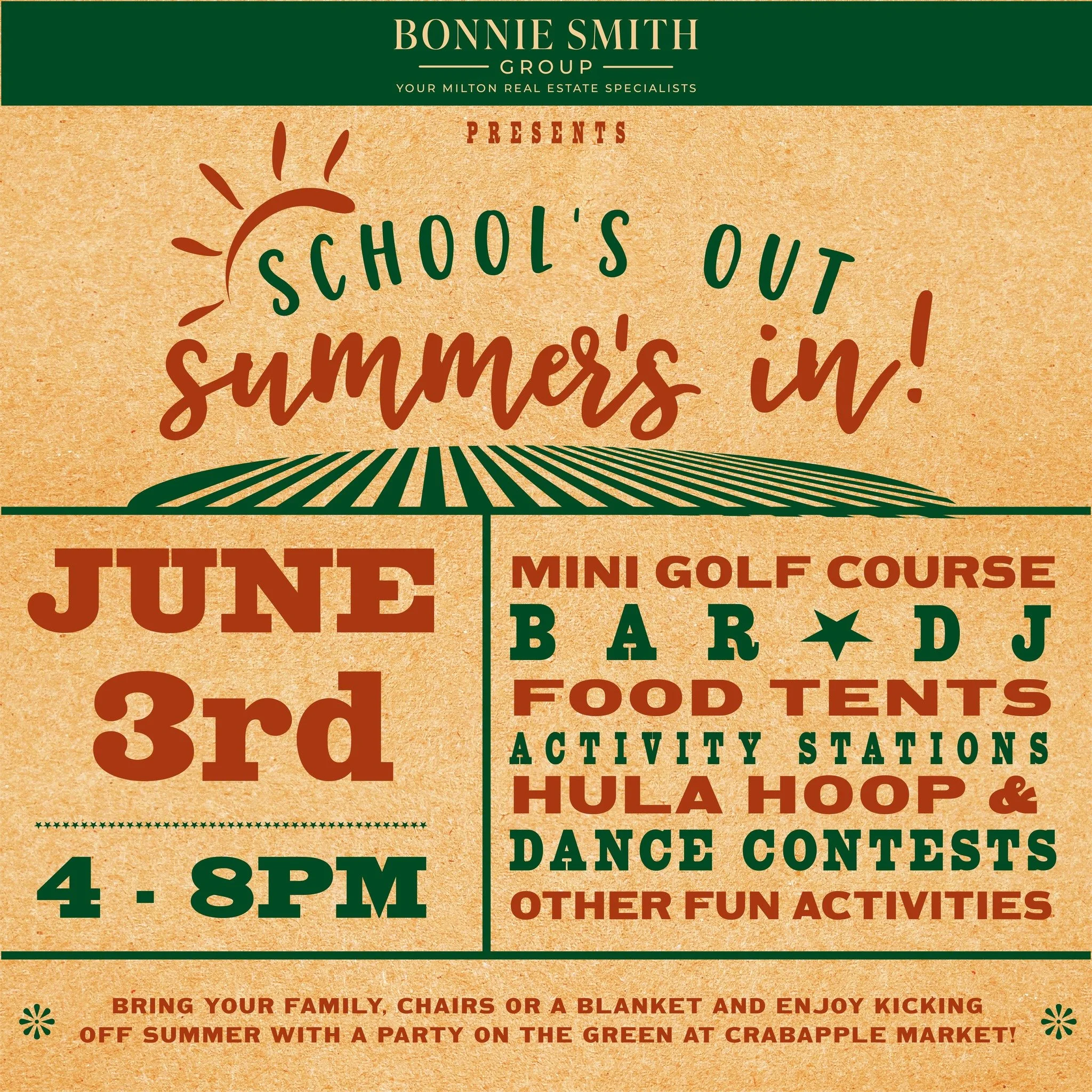 Let&rsquo;s CELEBRATE! School is over, and we are ready to party! Join us for the School&rsquo;s Out Summer&rsquo;s In party on The Green on Wednesday, June 3rd from 4 &ndash; 8PM. Don&rsquo;t miss out on the fun! Bring your family, chairs or a blank