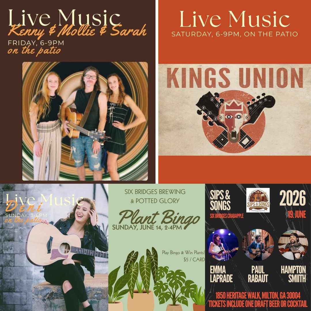 Your favorite local brewery always has something going on! Check out the LIVE MUSIC this weekend at Six Bridges Crabapple. Join them on Sunday for PLANT BINGO from 2 - 4 and get your tickets for their 1st Sips &amp; Songs on June 19th. Bring a friend