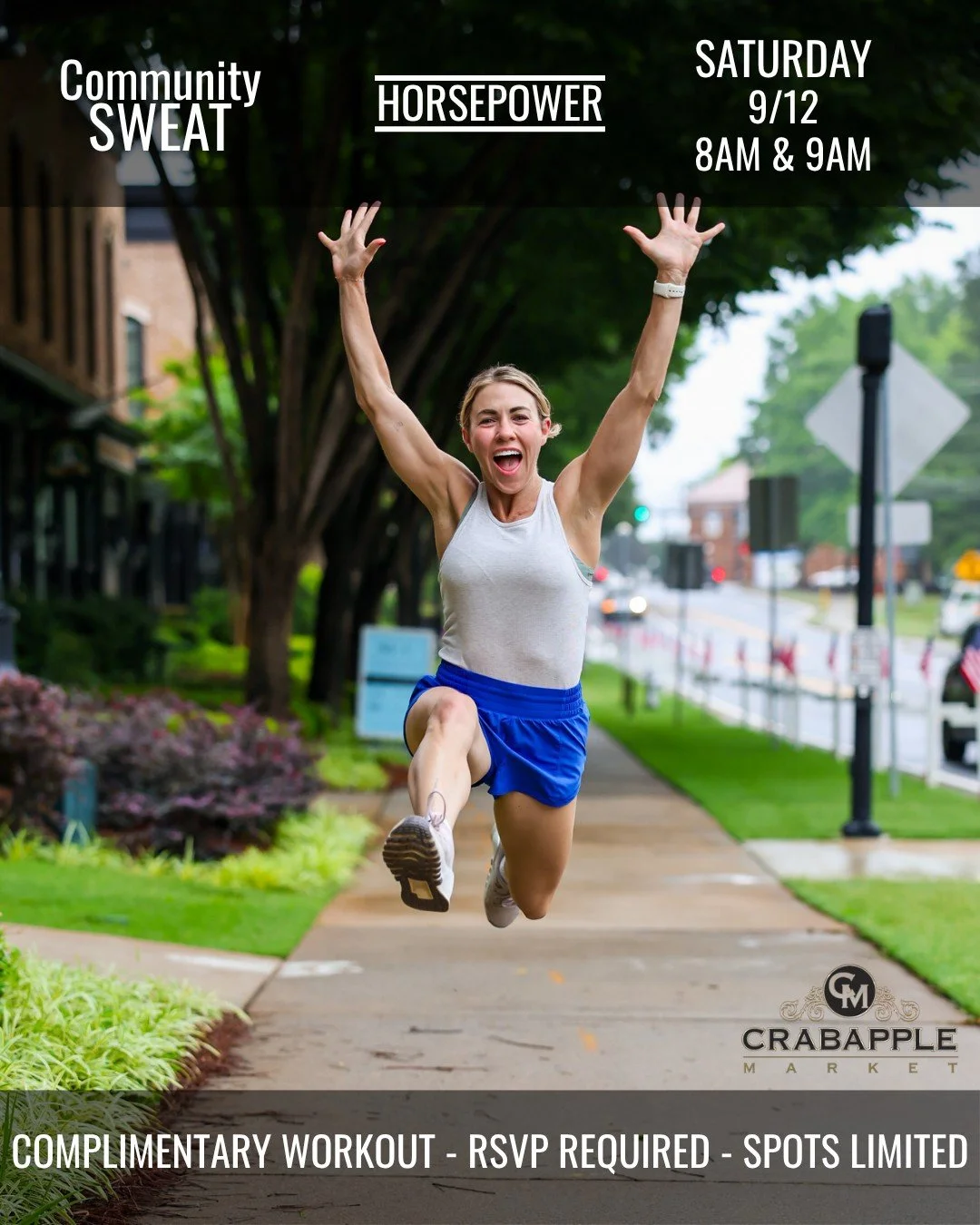Join @horsepower.fitness for Community SWEAT this Saturday on #TheGreen!
➡️Complimentary to the community. RSVP required. On the Horsepower website, go to Book Now --> select Crabapple location. 
🏋️&zwj;♀8AM &amp; 9AM Adult Classes
🏋️9AM Bronco 
