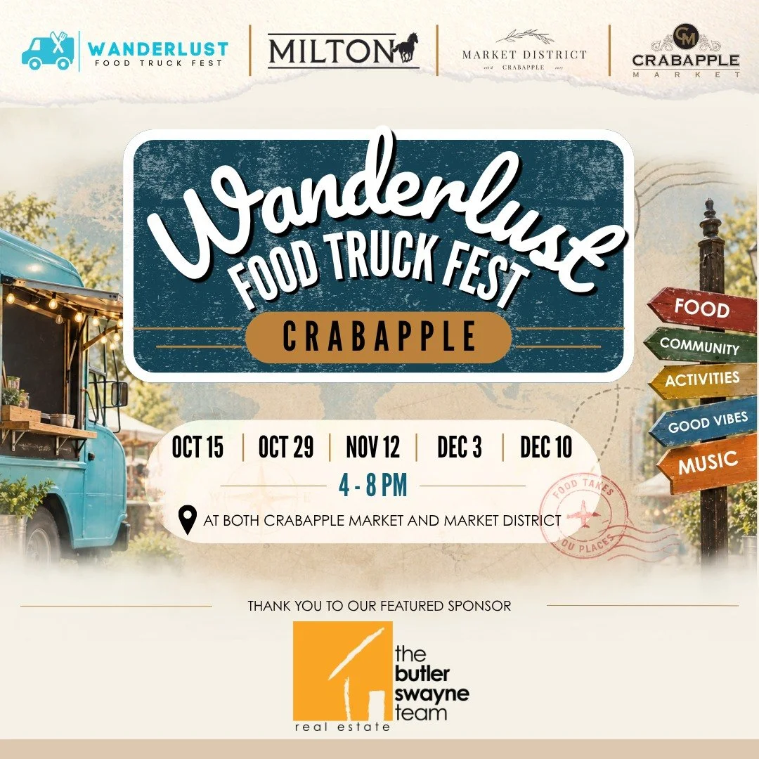 EXCITING NEW EVENT! Wanderlust Food Truck Fest is coming to the Heart of Milton at Crabapple Market! It&rsquo;s Thursday night, October 15th from 4 &ndash; 8pm. We are partnering with the city of Milton to host six food trucks at The Green during cor