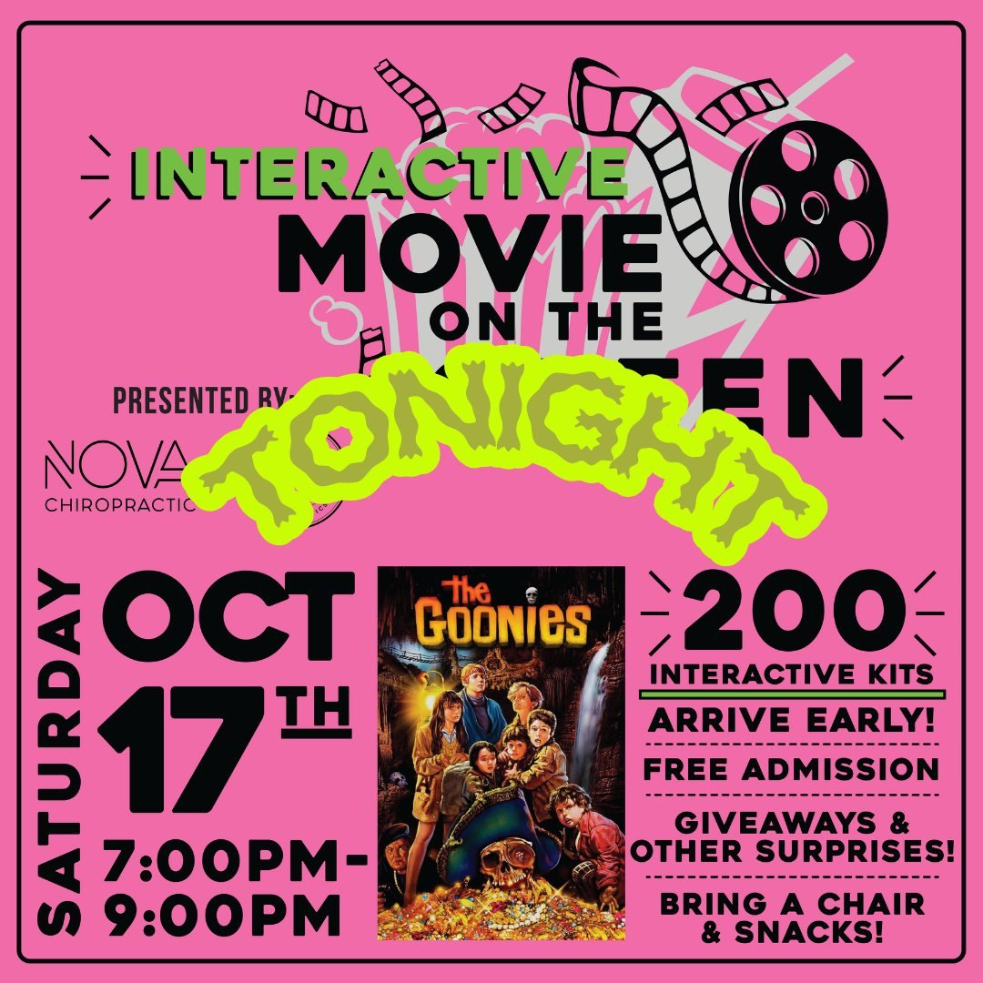 The Goonies is on the BIG SCREEN TONIGHT on #TheGreen! It's free and it's interactive so come on out and get your KIT to participate in the movie experience. 
⭐️Bring your kiddos 
⭐️Bring your chairs

#movie #movienight #thegoonies #heartofmilton #he