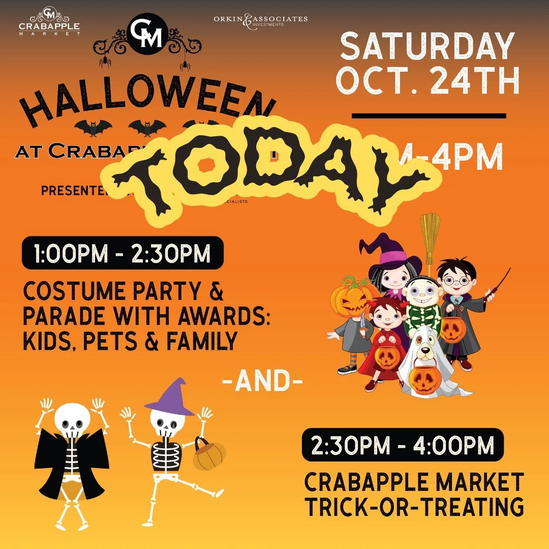 ICYMI you are invited to the Halloween Costume Party &amp; Trick or Treating on The Green TODAY! 
👻1 - 2:30PM - Costume Party &amp; Parade 
🍬2:30 - 4PM - Trick or Treating on The Green and to Crabapple Market businesses