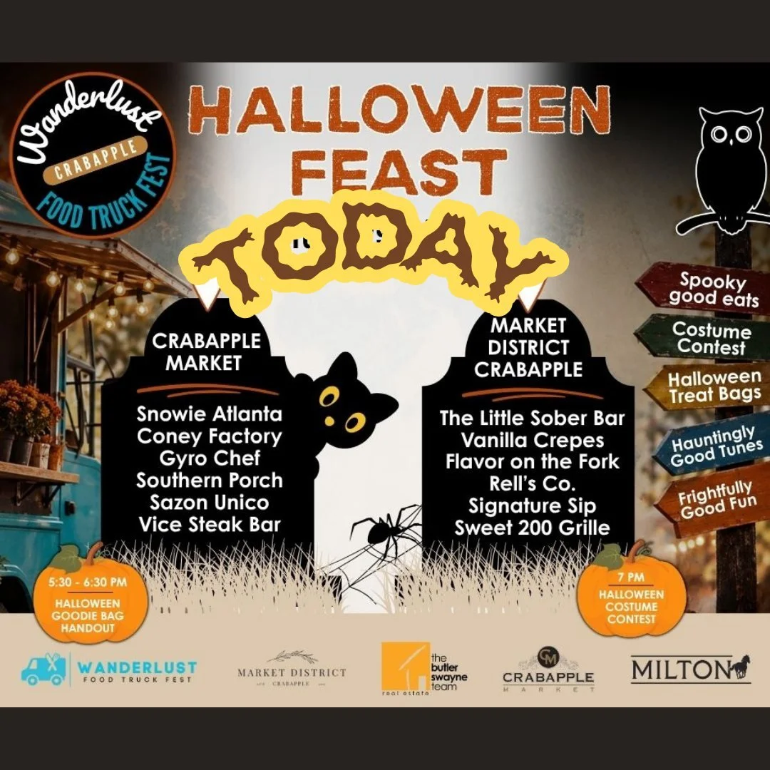 🚚Wanderlust Food Truck Halloween Feast is TODAY 4 - 8PM on #TheGreen! Bring the kids between 5:30 - 6:30 for a Halloween Goodie Bag GIVEAWAY! 
🌞The weather couldn't be better, and the food truck line up is delish. It makes for an easy dinner so che