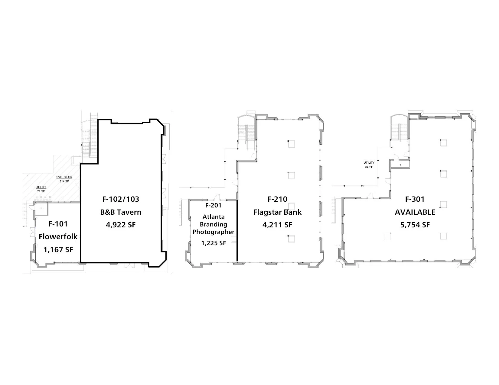 Floor plan of multiple commercial spaces labeled F-101, F-102/103, F-201, F-210, and F-301 with area measurements in square feet.
