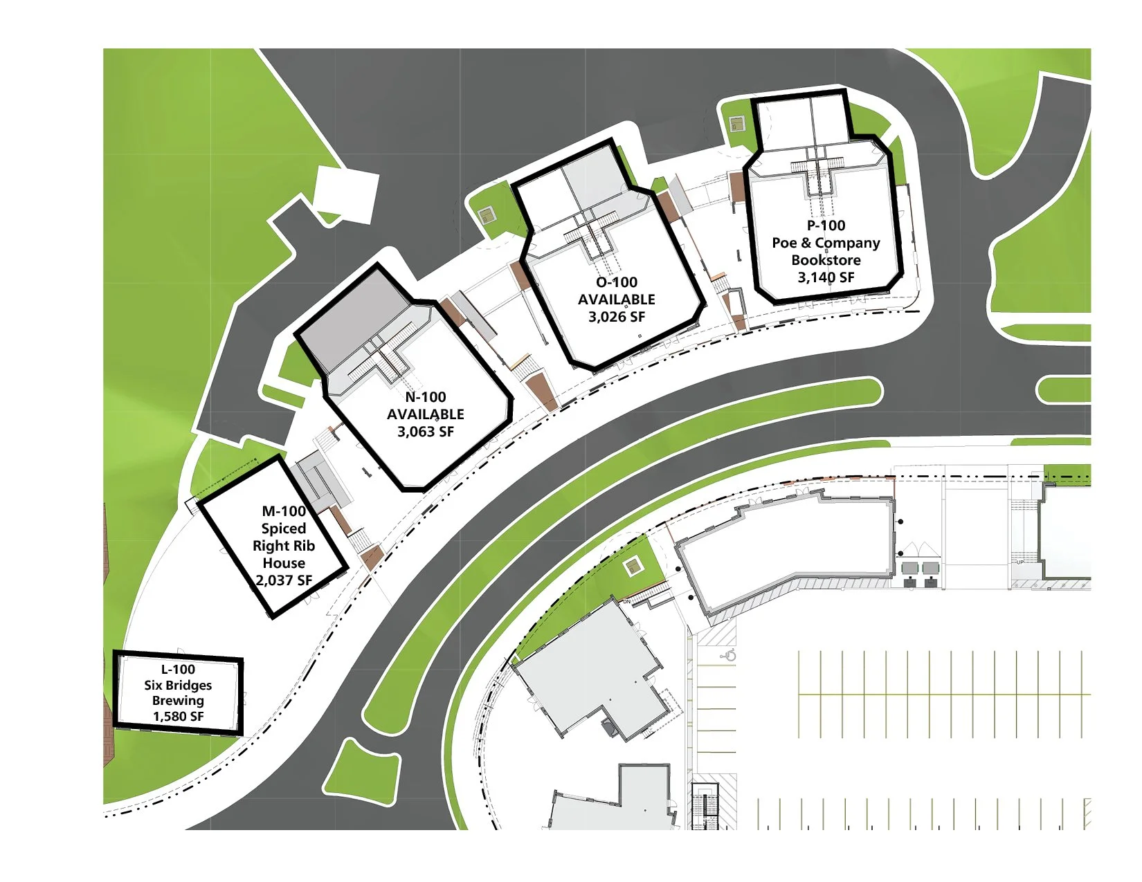 A site plan showing various building layouts with labels and floor area measurements, including a brewing house, several available buildings, a store and a bookstore, parking lots, and green landscaped areas.
