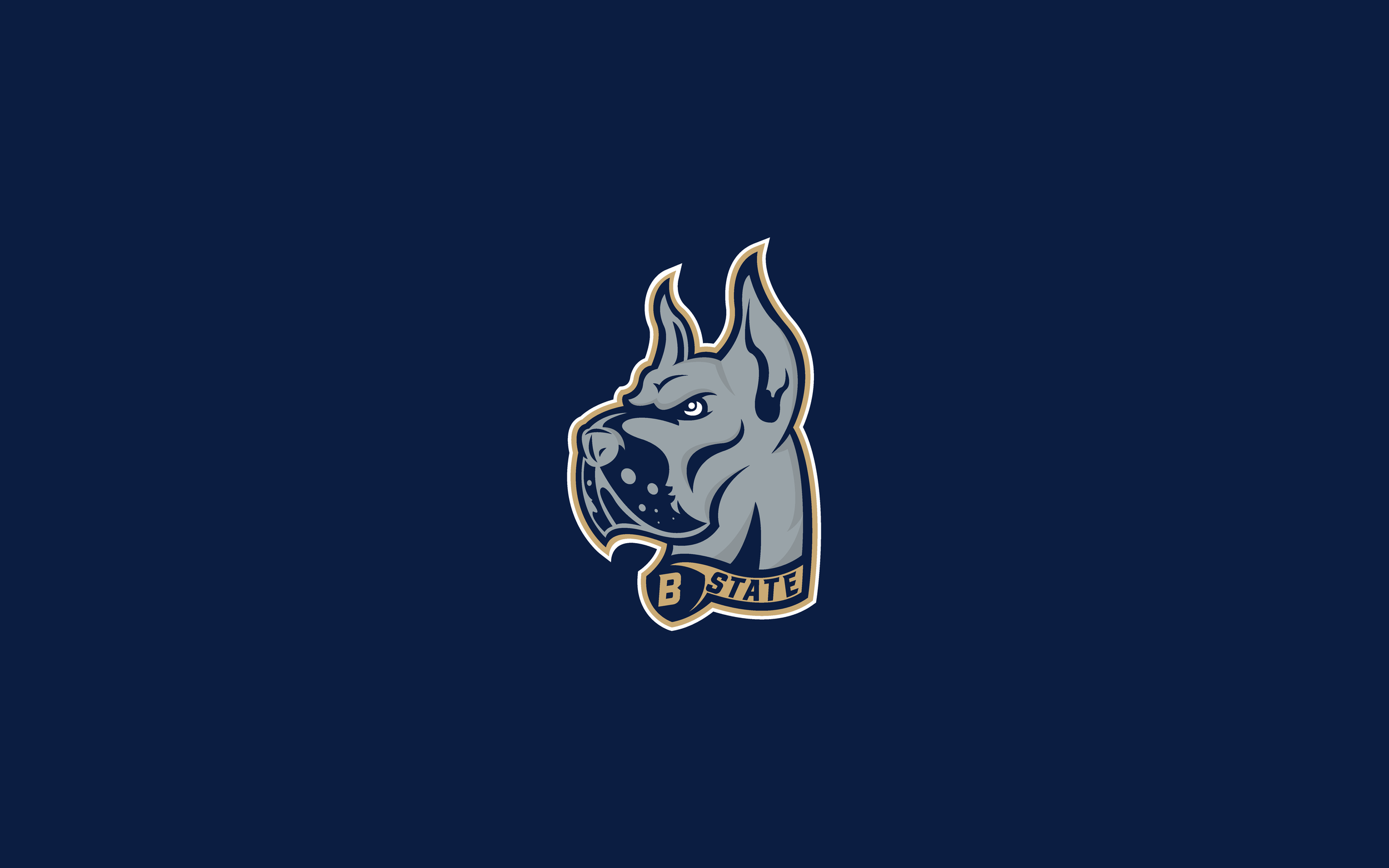 Graphic of a gray bulldog head with the letters 'B State' on its collar, set against a dark blue background.