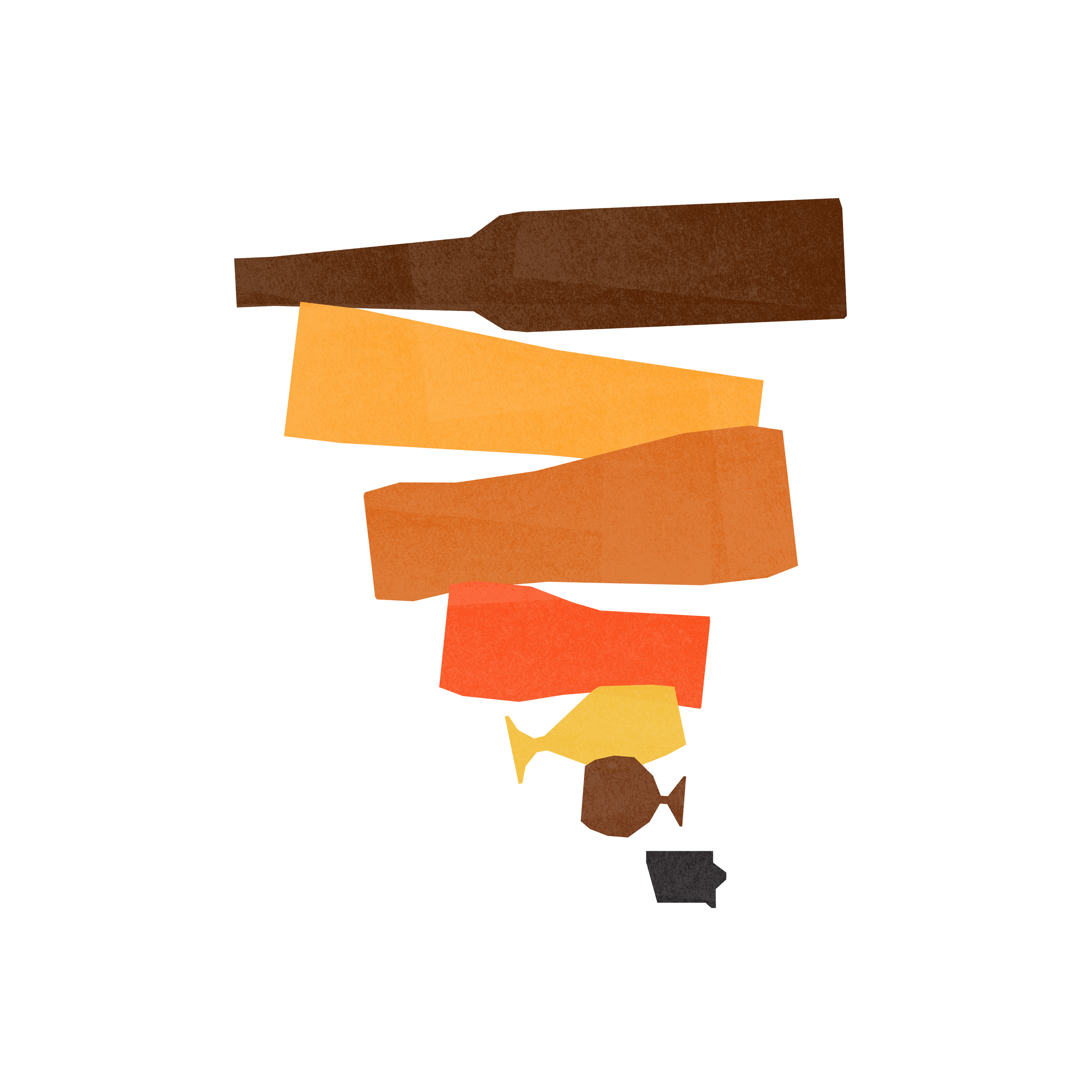 A geometric cyclone created from the various types of beer glasses. The cyclone is arranged with the largest beer glasses at the top, then gradually getting smaller until the bottom, where the state of Iowa is placed.