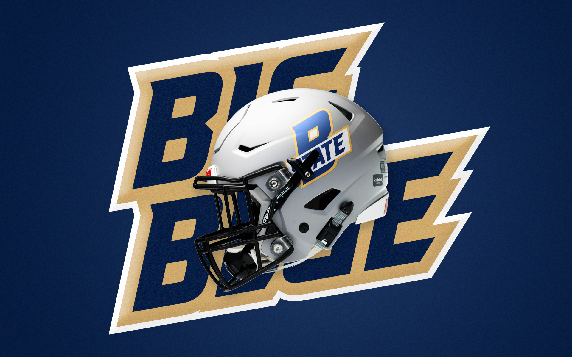 Football helmet with 'B-State' logo against 'Big Blue' graphic, navy and gold colors.