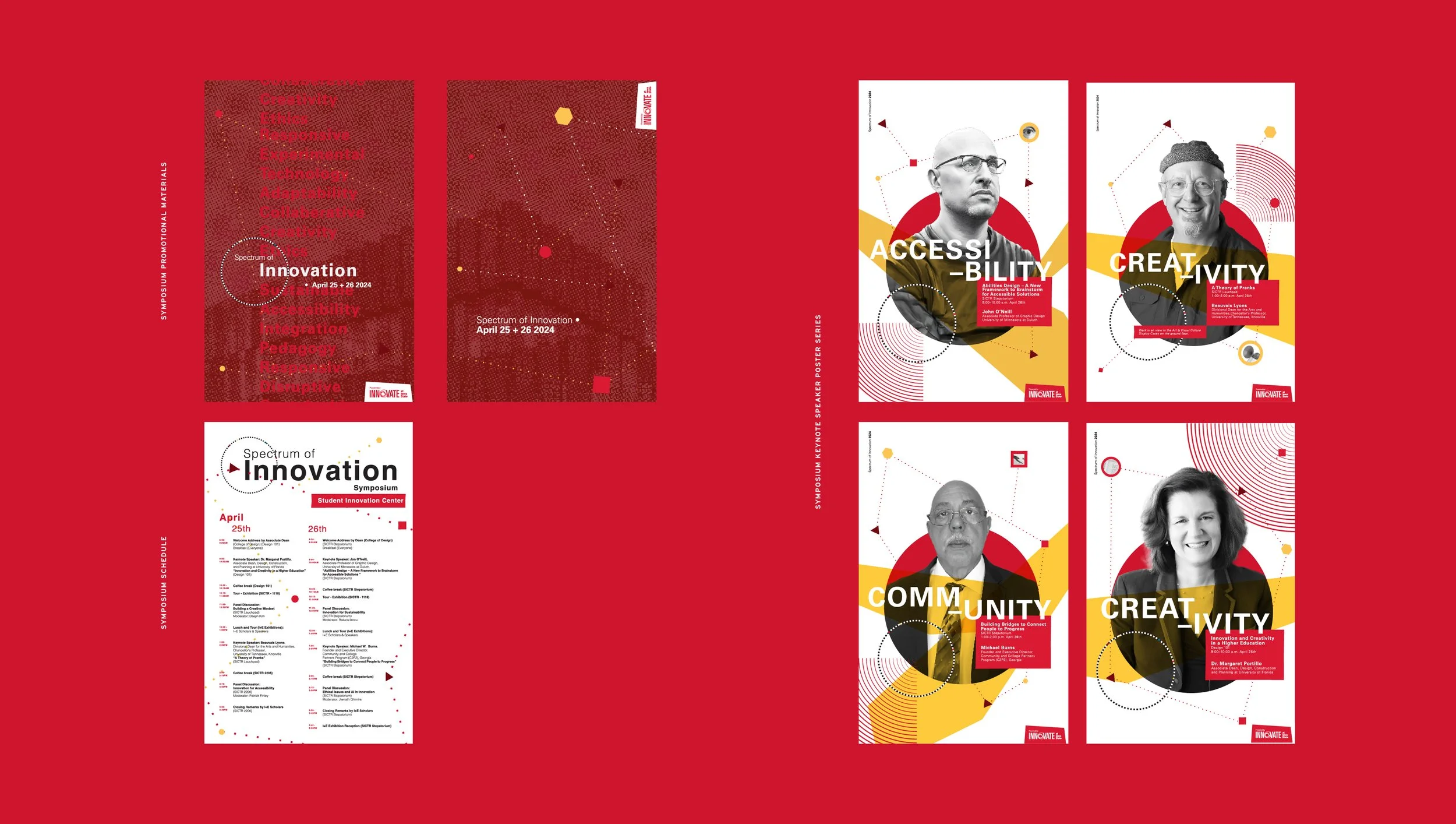 Promotional posters and schedule for the 'Spectrum of Innovation' symposium event, featuring speakers and themes such as accessibility, creativity, community, and innovation, all set against a red background.