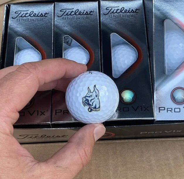 Person holding a Titleist Pro V1x golf ball with a dog logo on it, in front of a box of golf balls.