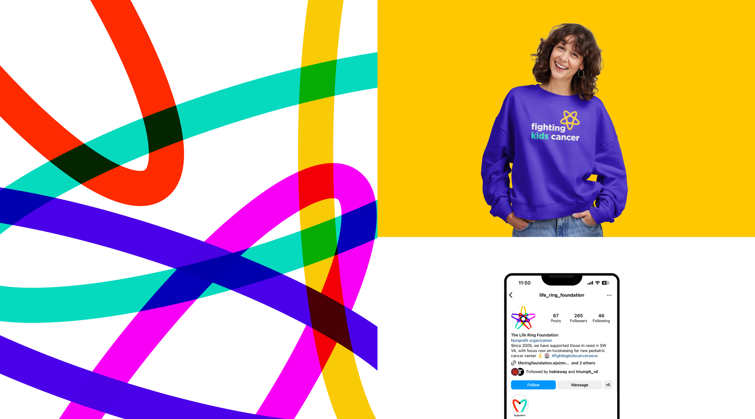 A woman in a purple sweatshirt with the text 'fighting kids cancer' standing against a bright yellow background. The sweatshirt features a yellow atom symbol. The lower part of the image shows a mobile phone displaying the Instagram profile of 'life_ring_foundation' with colorful abstract ribbons in the background.