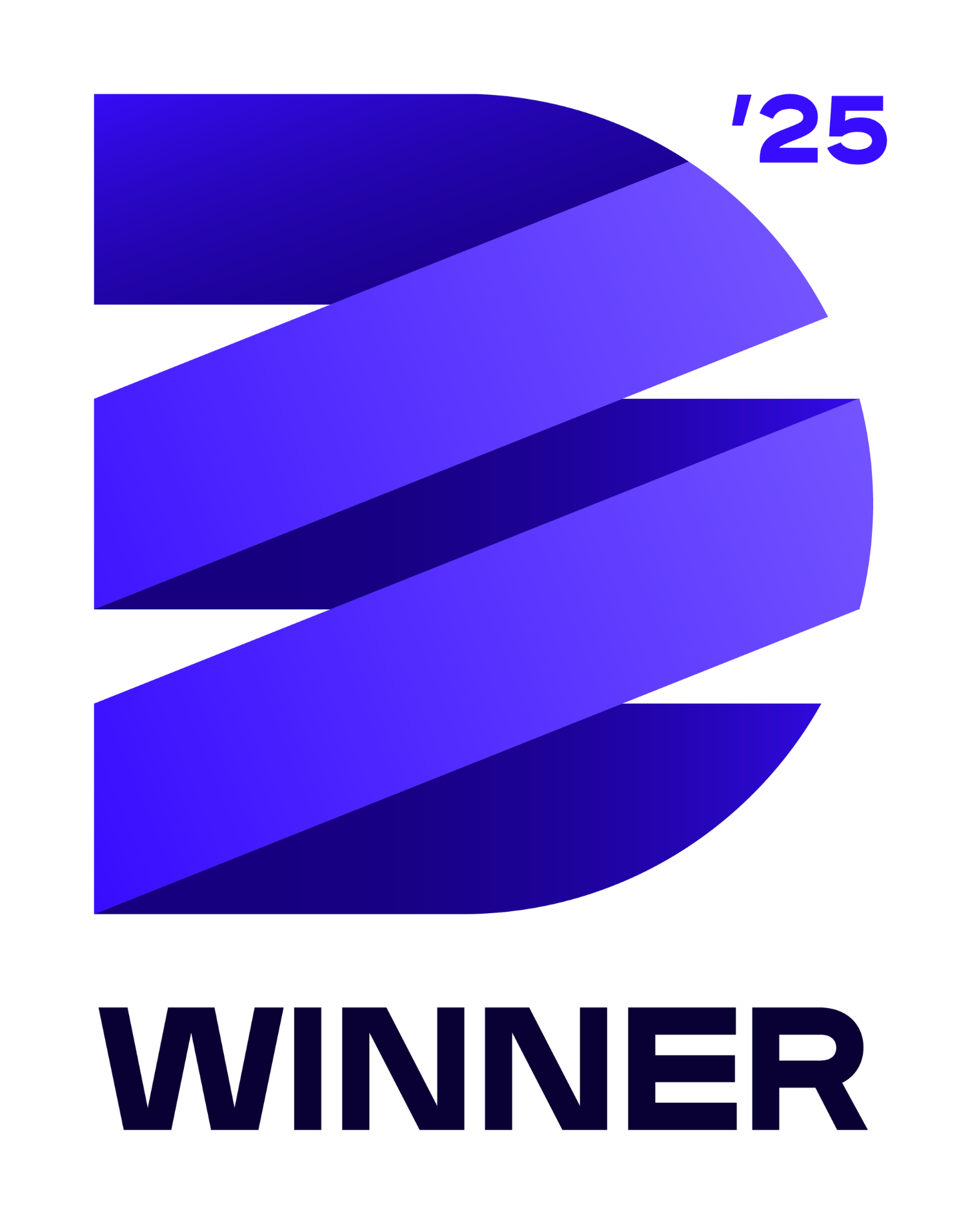 A modern design featuring a stylized globe with blue ribbons wrapping around it, and the word 'WINNER' at the bottom. The designation is for the year 2025.