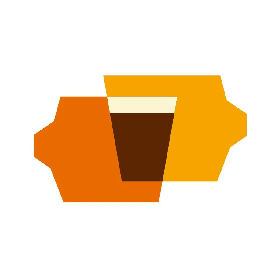A stylized graphic of a pint of beer with layers of white, brown, and dark brown inside, surrounded by two overlapping, and geometrically stylized, states of Iowa in shades of orange and yellow.