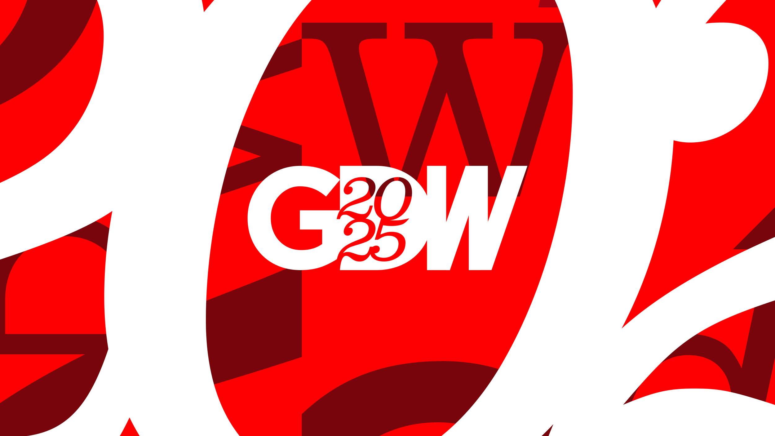 An abstract typographic layered image in the background with the abbreviated wordmark "GDW" (with 2025 in the negative form of the D) on top.
