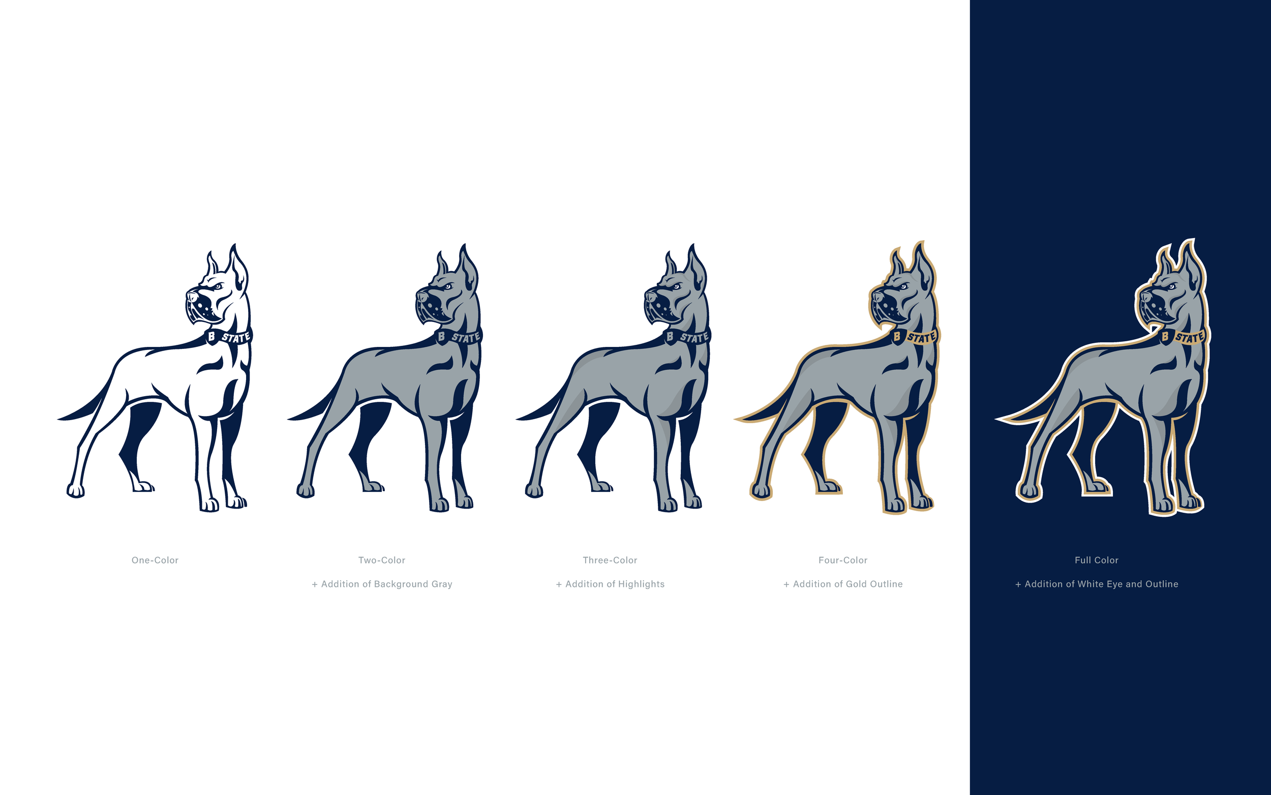 Illustration of a stylized dog logo, labeled "B State," in five design variations: one-color, two-color with gray background, three-color with highlights, four-color with gold outline, and full color with white eye and outline on a dark background.