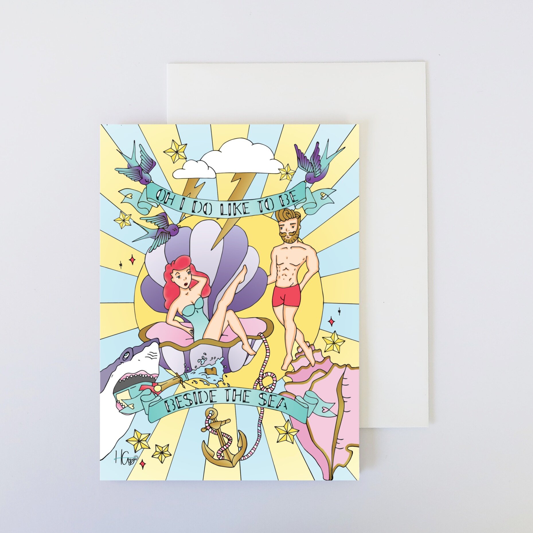 Colourful Illustration, Pinup Style people, Clam Shell, Shark, champagne. Oh I do like the sea slogan