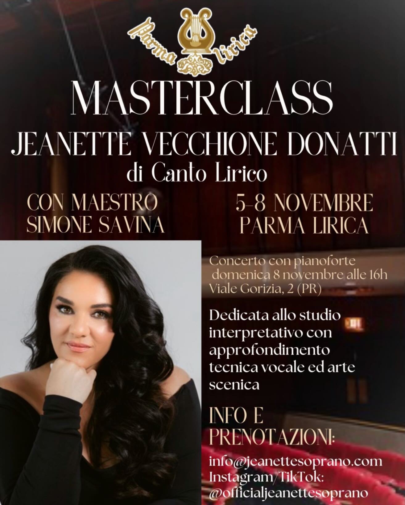 🚨 MASTERCLASS ALERT 🚨
Nov 5&ndash;8 &middot; Parma Lirica, Italy 🇮🇹 @parmalirica 
Study with me + Maestro Simone Savina @savinasimone &mdash; daily masterclasses, individual coachings, career &amp; repertoire consultation, and a professional audi