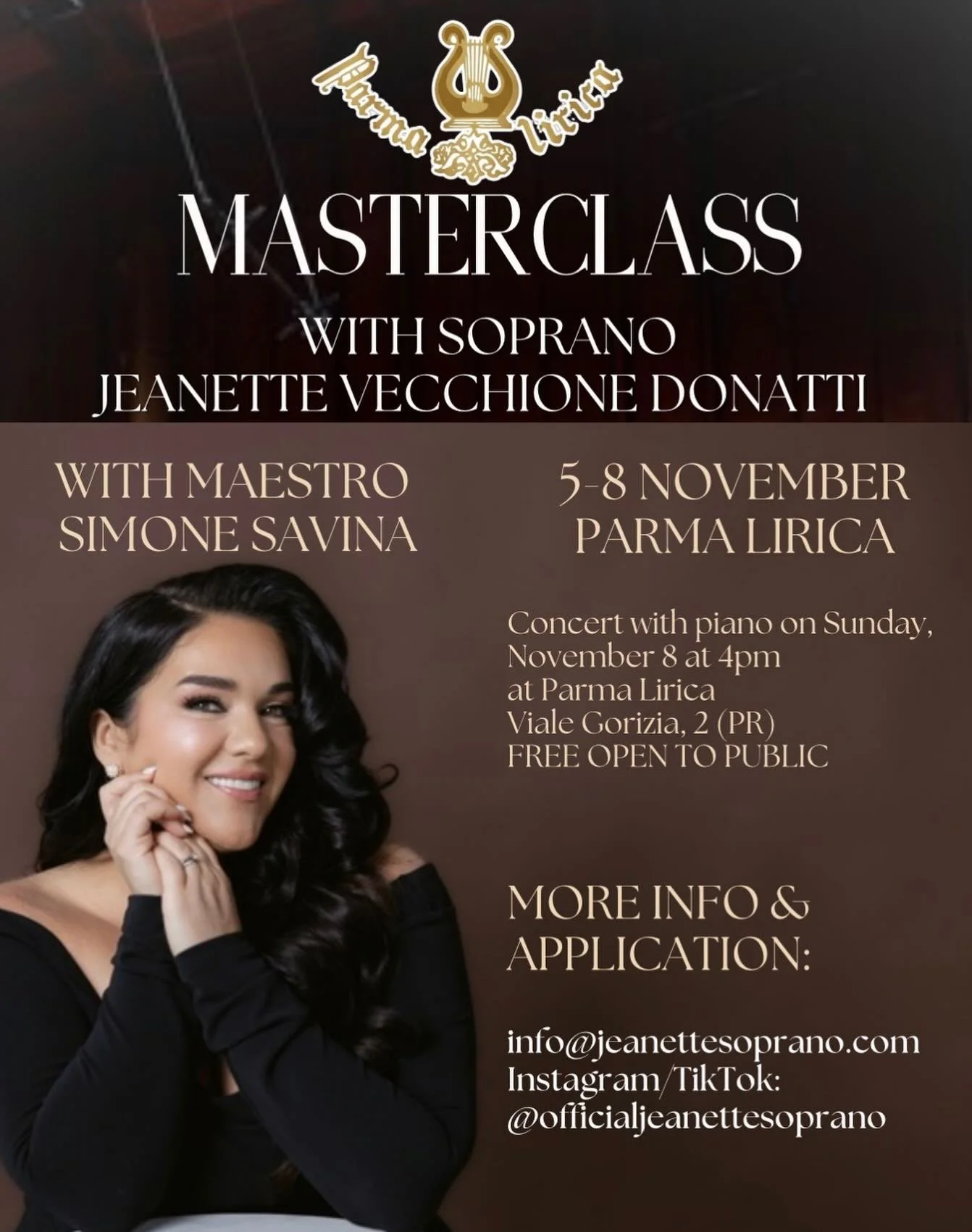 🚨 MASTERCLASS ALERT 🚨
Nov 5&ndash;8 &middot; Parma Lirica, Italy 🇮🇹
Study with me + Maestro Simone Savina &mdash; daily masterclasses, individual coachings, career &amp; repertoire consultation, and a professional audio/video recording of your ar