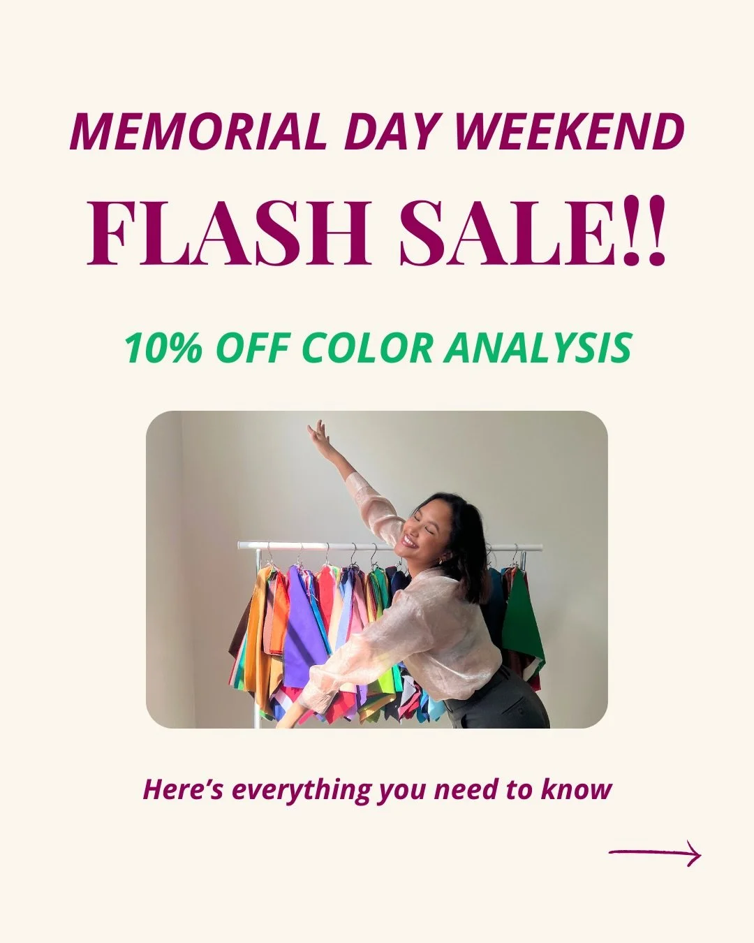 10% OFF COLOR ANALYSIS FLASH SALE🎨💫✨

This Memorial Day Weekend, I am offering 10% off of my color analysis services for a limited time!!!

If you&rsquo;ve been wanting to get yours done, this is your sign💫

Comment &ldquo;COLOR&rdquo; to secure y