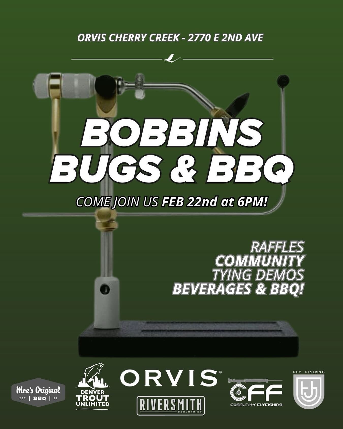 Join @orvischerrycreek, @denvertroutunlimited, and @communityflyfishing for a fly-tying night at the Orvis Cherry Creek store on February 22nd from 6pm-8pm, We&rsquo;ll be tying up some bugs, enjoying some BBQ, and there will be some fun raffle items