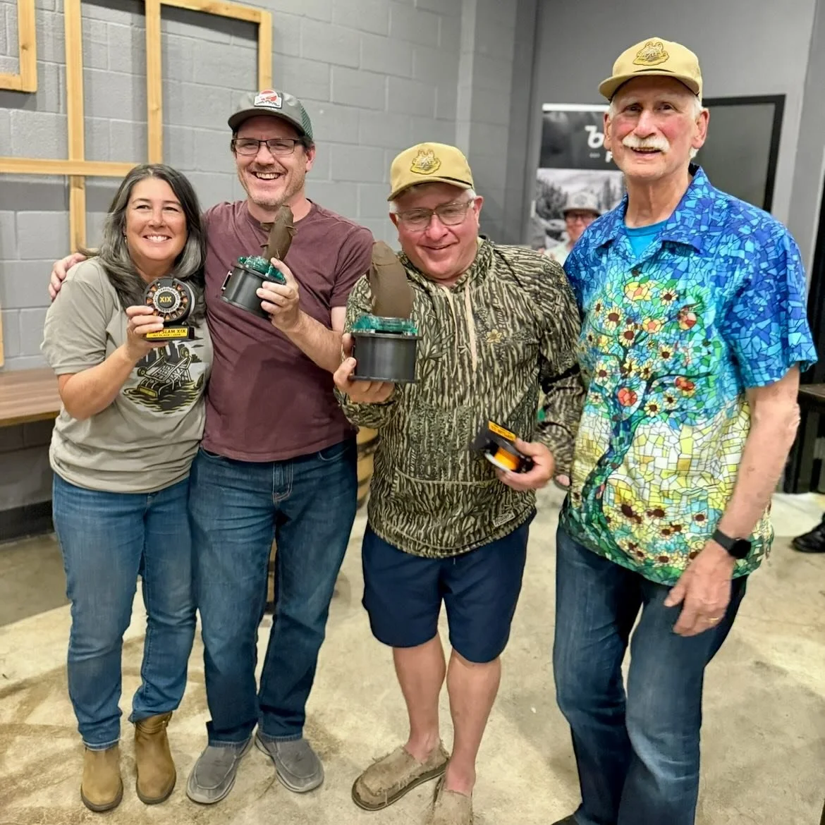 1st place at #carpslam2025 &bull; XIX Champions Trevor Tanner @3dflyreels and Steve Maldonado @maldo_goosekilla67 and team controller @fransgonefishing , with 78.75&rdquo; of carp. Taking home custom Fred Miller (pictured) @erparf CarpSlam Trophies a
