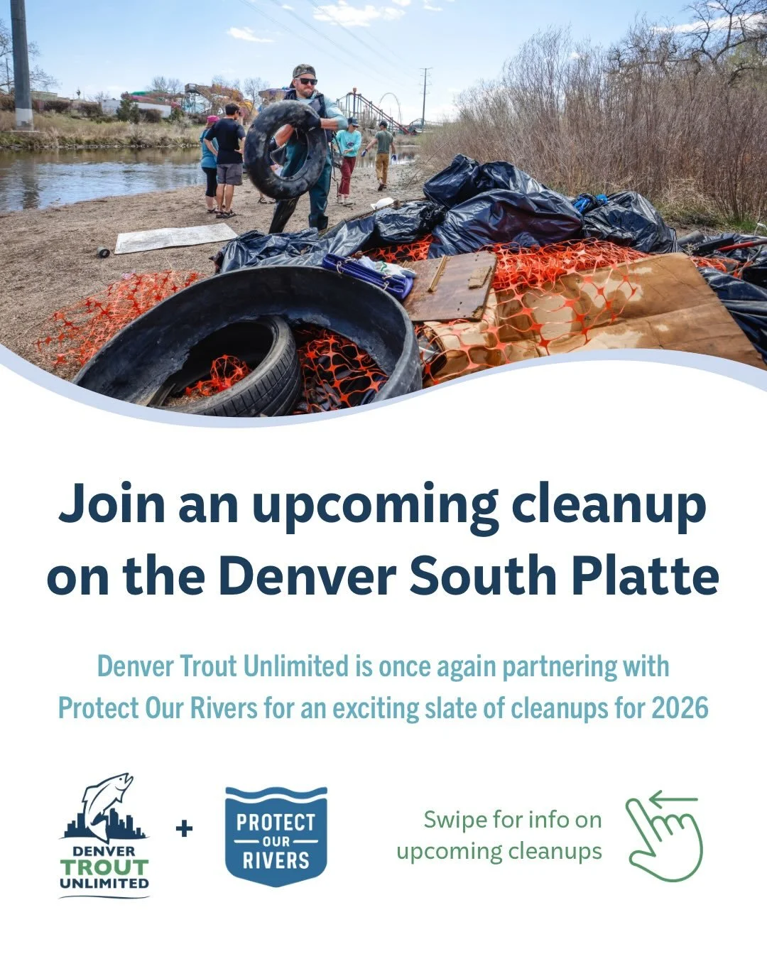 Denver Trout Unlimited is once again partnering with @protectourrivers_org for an exciting slate of cleanups for 2026. Visit the link in our bio to join us for an upcoming cleanup! #protecttheplatte