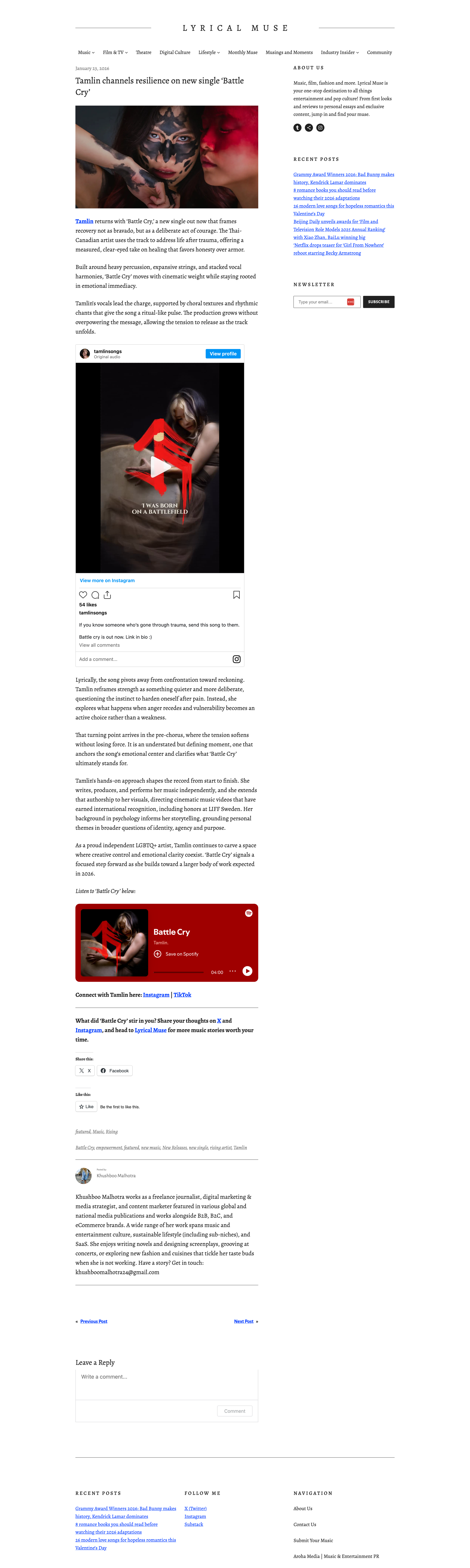 Screenshot of the blog by Lyrical Muse