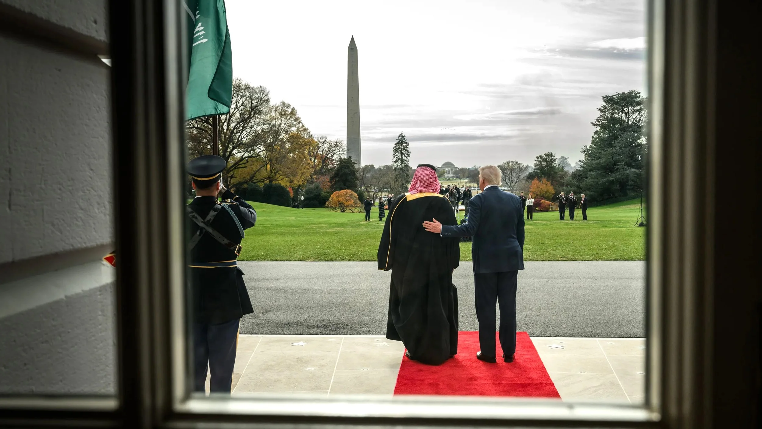 Donald J. Trump stands with Saudi Crown Prince Mohammad bin Salman on the South Lawn of The White House.