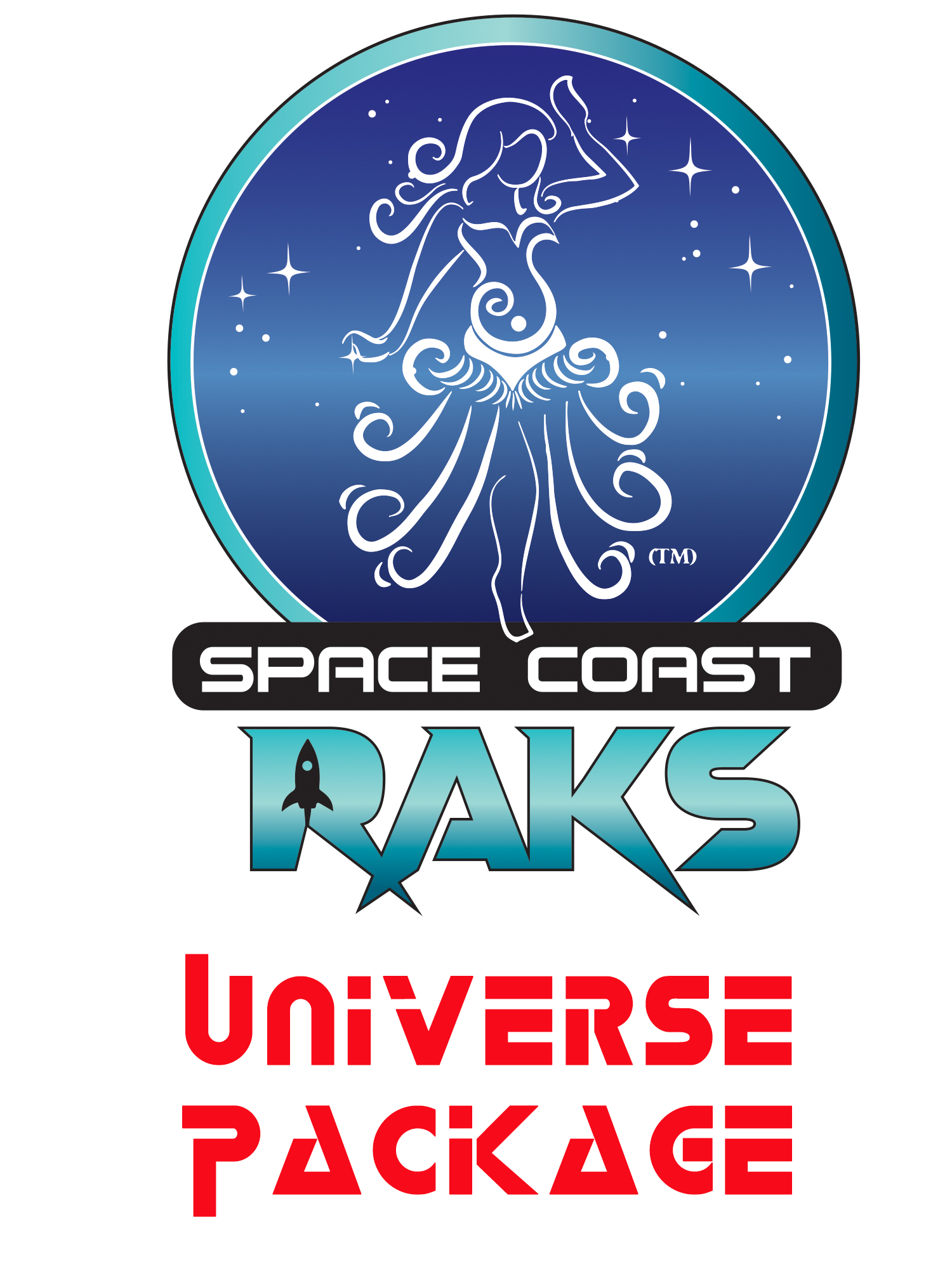 A logo for Space Coast RAKS Universe Package featuring a stylized female figure with flowing hair and swirling lines, with a Rocket icon forming the letter 'A' in 'RAKS,' and labeled with a price of $270.