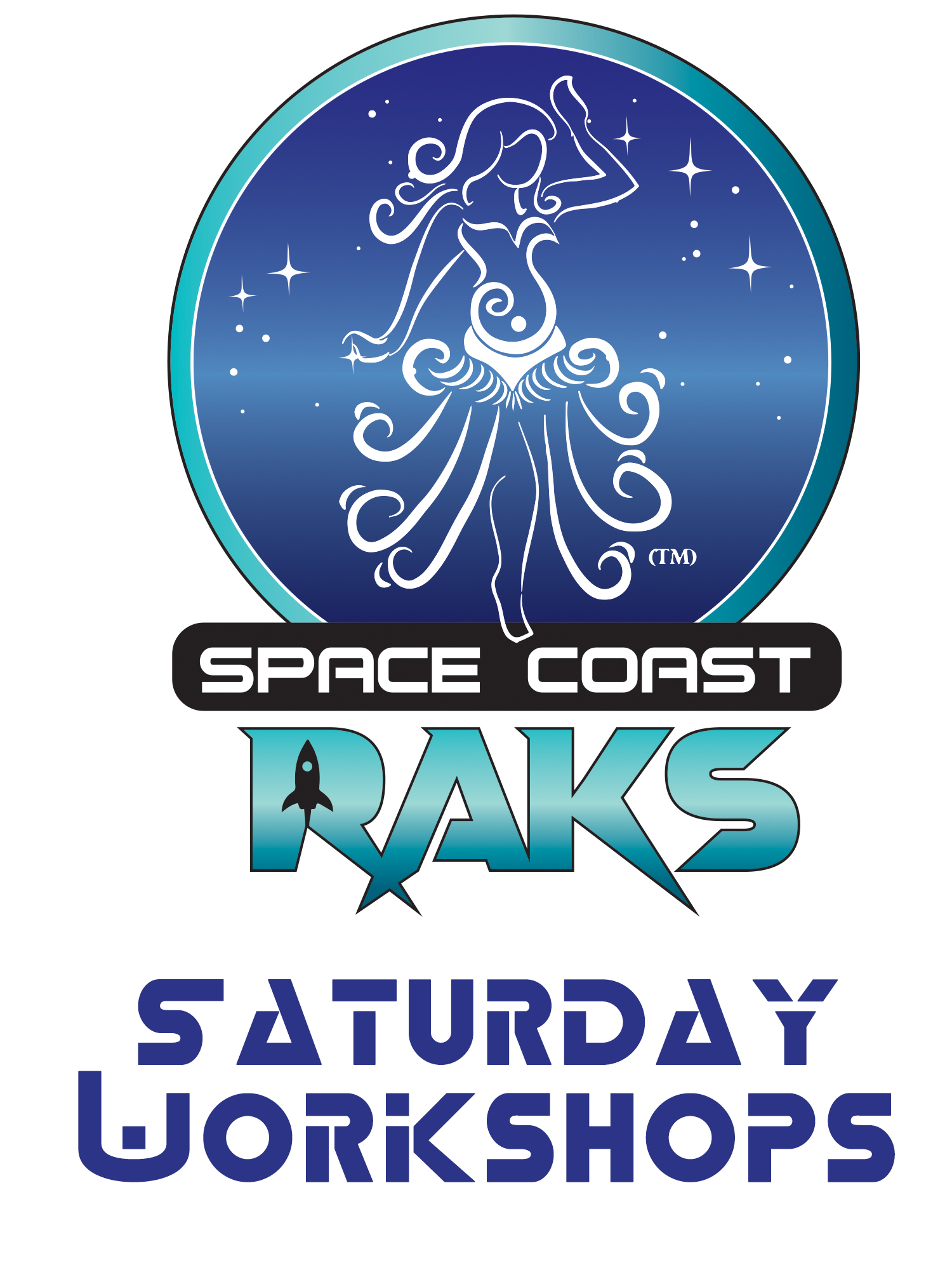 A promotional poster for Space Coast RAKS Saturday package, priced at $140, featuring a logo with a stylized female figure and a rocket.