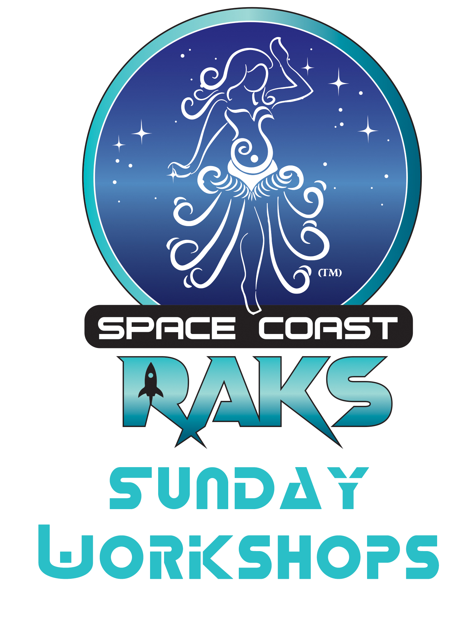 The image is a promotional flyer for the Space Coast RAKS, featuring a stylized logo with a female astronaut silhouette, stars, and a planet. Text details include 'Space Coast RAKS,' 'Sunday Package,' and '$140' in red and black fonts.