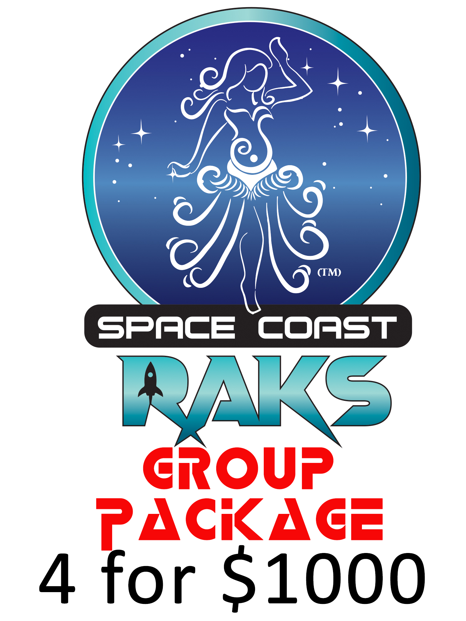 Promotional graphic for Space Coast RAKS group package, featuring a stylized female figure with flowing hair and swirling patterns, a rocket icon integrated into the text, and bold red and black text stating 'GROUP PACKAGE 4 for $100'.