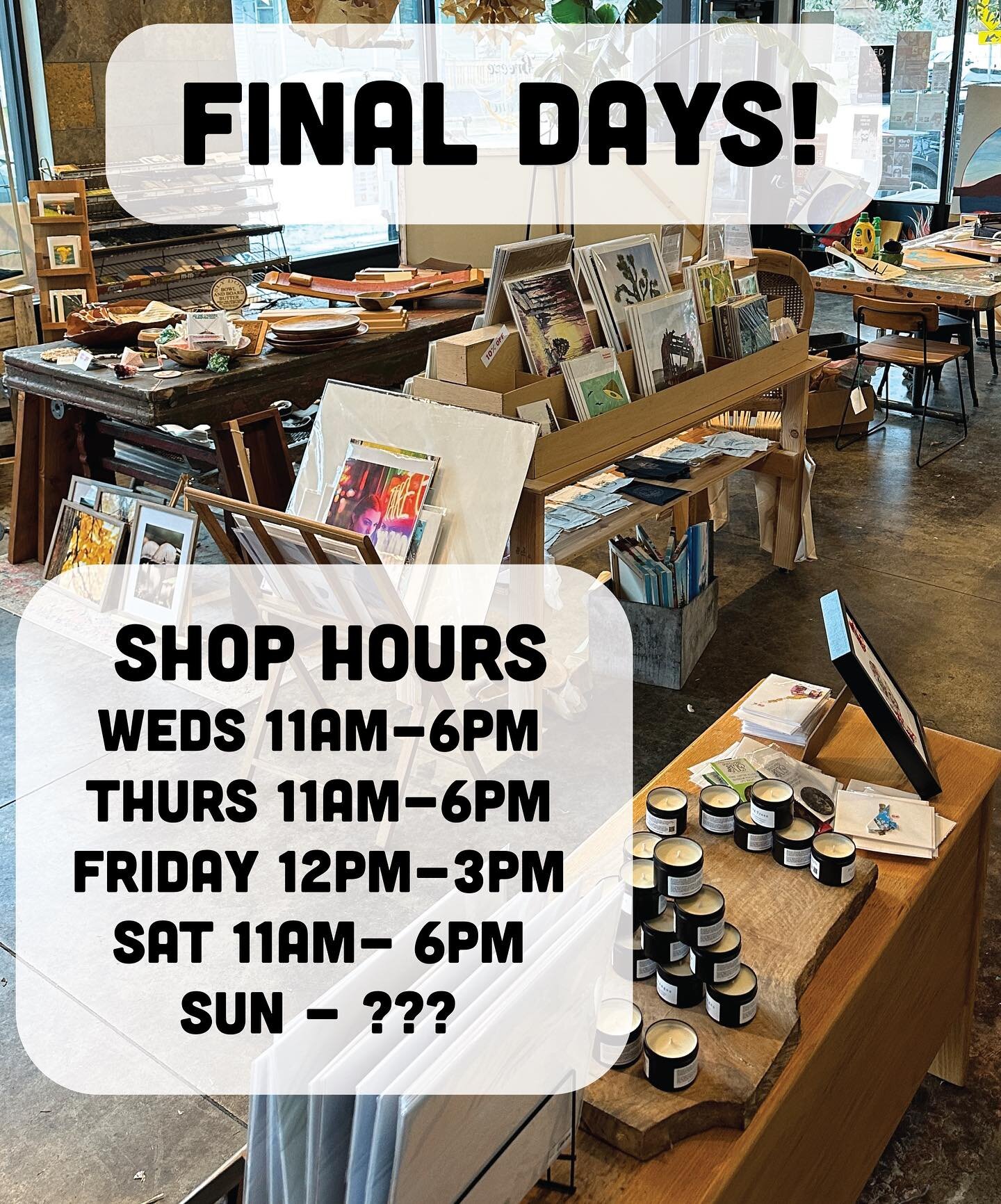 All week &ldquo;It&rsquo;s the final countdown!&rdquo; had been playing through my head!

There&rsquo;s still great deals and beautiful art to be had! 

Displays and art odds &amp; ends are getting priced or put out for free! And I think the margarit